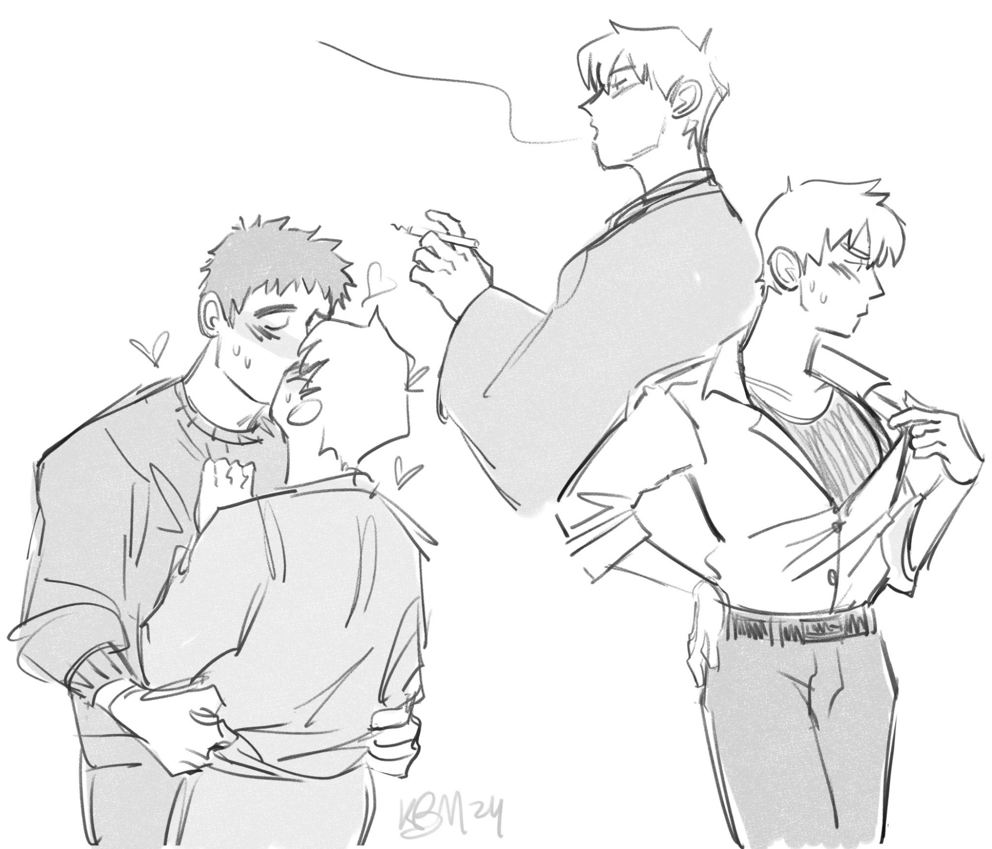 A page of sketches, two of Reigen and one of Serizawa and Reigen.

Left: Reigen and Serizawa kissing. Reigen's back is to us, clutching at Serizawa's shirt. Serizawa's arms are around Reigen's waist. They're both wearing their pajama/lounge clothes.

Top middle: a bust drawing of Reigen in Serizawa's hanten, smoking a cigarette.

Right: 3/4 drawing of Reigen, pulling at his shirt, sweating, revealing his binder.