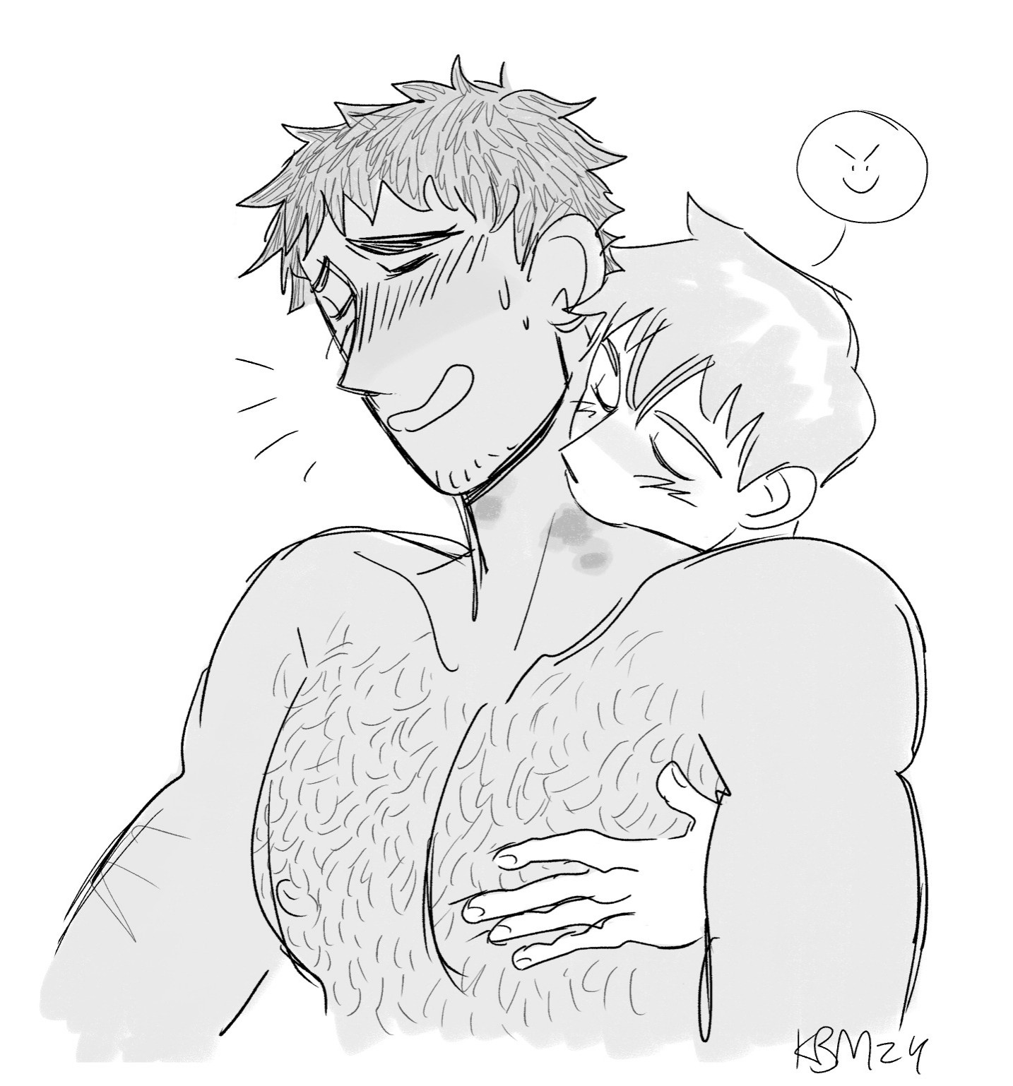 A drawing of Reigen and Serizawa from Mob Psycho 100. Reigen is biting at Serizawa's neck, one of his arms is snaked around him and touching his chest. A small thought bubble is coming from his head with a >:) in it.
Serizawa is smiling, but looks somewhat flustered. He is shirtless.