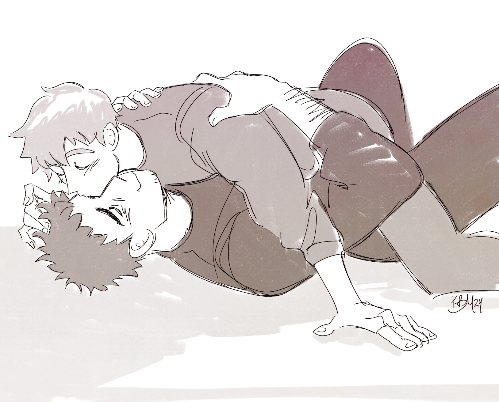 An illustration of Reigen and Serizawa from Mob Psycho 100. The linework is sketchy and there is minimal gray shading. There is a slight pink texture over them.

Reigen is on top of Serizawa, brushing his hair away and kissing his forehead, his eyes closed. Serizawa is on his back with his arms wrapped around Reigen's back, smiling gently, his eyes also closed. They're both wearing their pajamas.