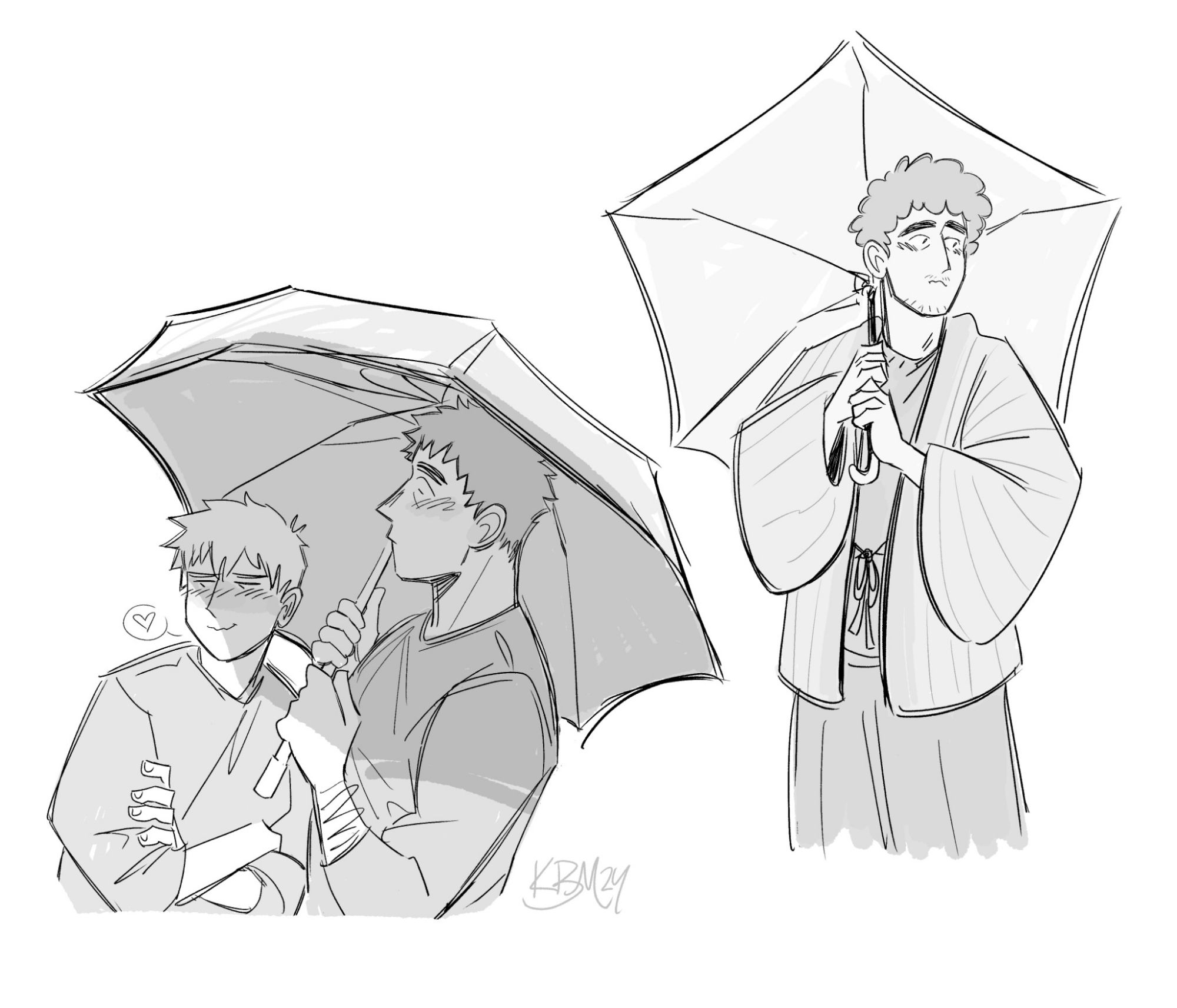 Bottom left: Serizawa is holding up an umbrella that he and Reigen are both standing under. Serizawa is looking at Reigen with a blush on his face. Reigen is hunched a bit, his arms crossed, looking away from Serizawa. He looks embarrassed and is blushing. There's a little heart in a speech bubble coming from his face. Shaded with light grays.

Right: A drawing of Claw Serizawa. He's wearing his hanten and is holding his open umbrella above and behind his head. He's looking away from the viewer and looks somewhat nervous. Shaded with light grays.