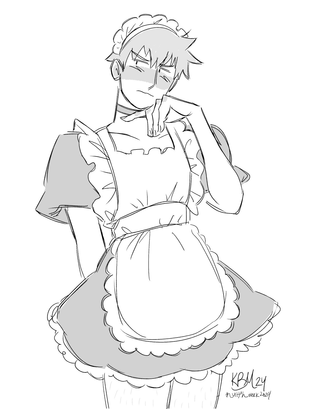 A drawing of Reigen from Mob Psycho 100 wearing a short maid dress. His right arm is behind his back, and his left hand is raised up to his chin. He has a choker and frilly headband on.