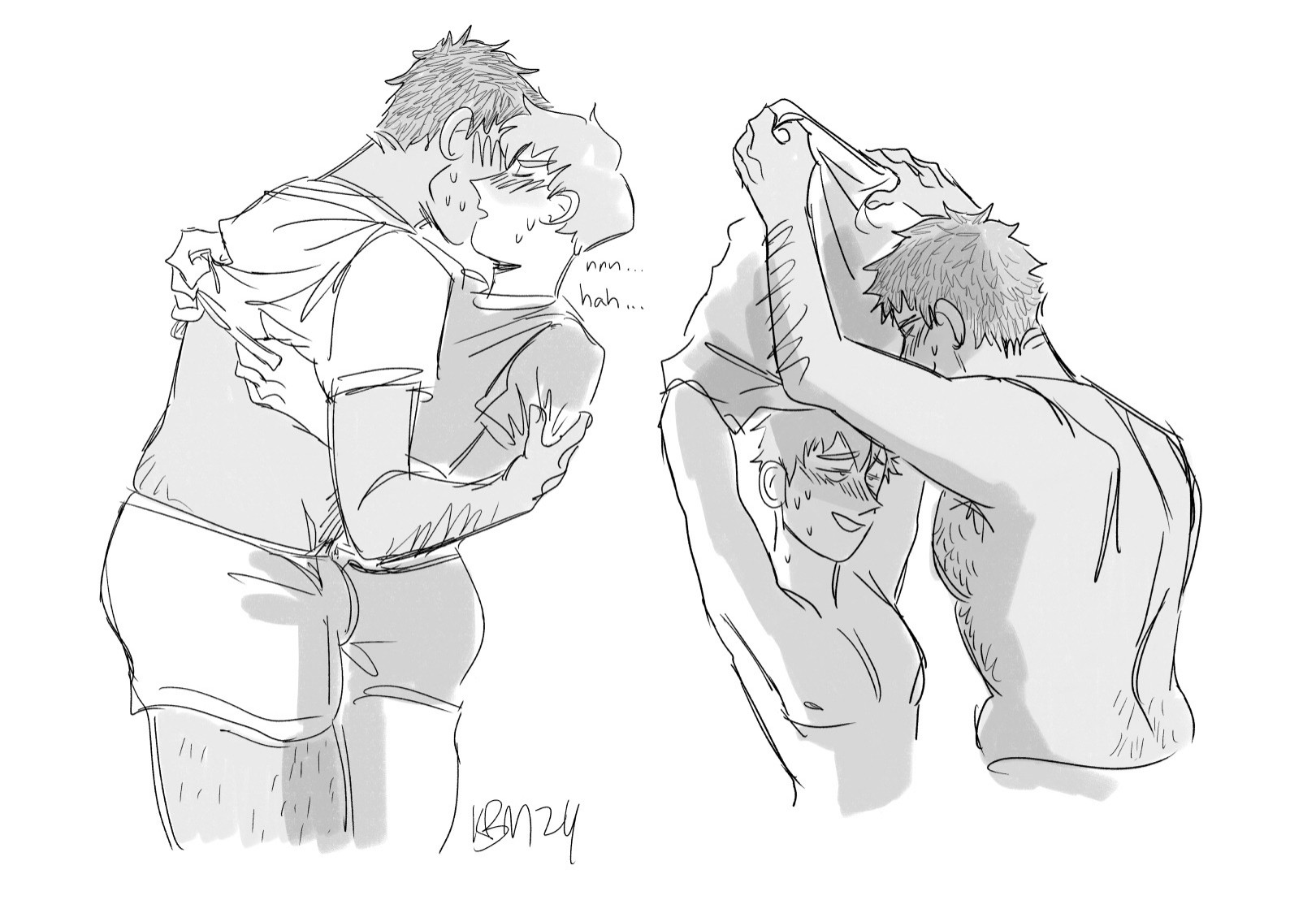 Two drawings of Reigen and Serizawa from Mob Psycho 100 with minimal gray shading.

Left drawing: They're embracing loosely, Reigen has his arms around Serizawa's back, pulling his shirt up. Serizawa is holding onto Reigen's arm, his face obscured. They're both half dressed, only wearing their undershirts and underwear.

Right drawing: Serizawa is looking down at Reigen, smiling, as he pulls his shirt up and over his head. Reigen is looking up at him with a smirk on his face. Serizawa is shirtless but still wearing his underwear.