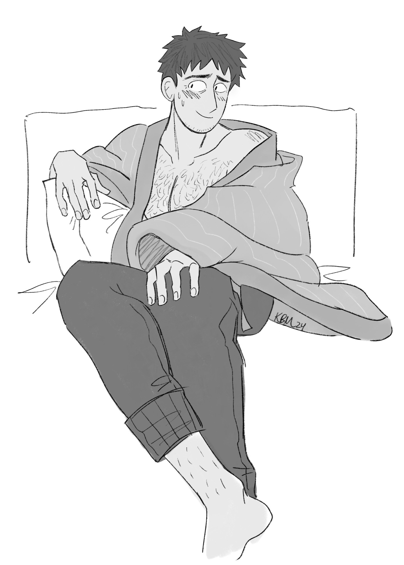 Drawing of Serizawa Katsuya from Mob Psycho 100 with minimal grayscale shading.
He's seated, his right arm resting on top of a pillow, his left on his knee. He's wearing his hanten, which is falling slightly off of his left shoulder. He's wearing pajama-like pants, but no shirt.