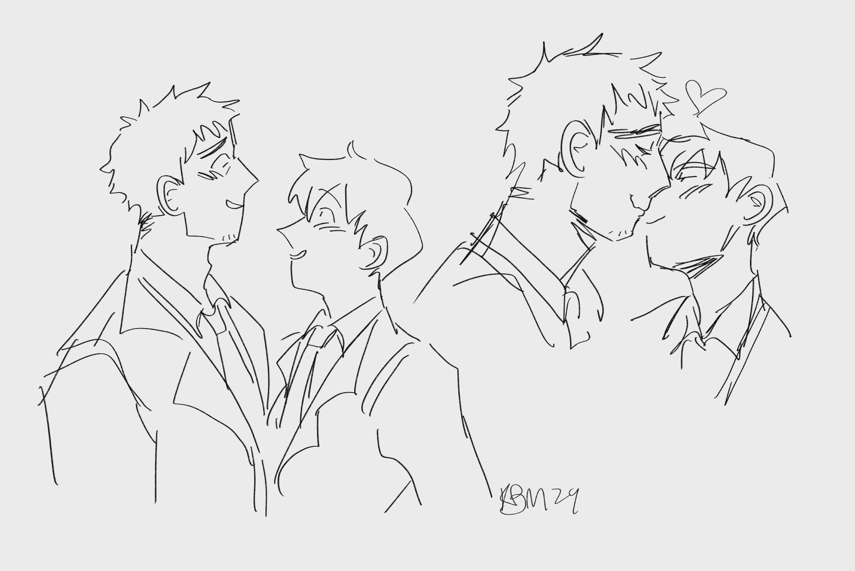 Two drawings of Reigen and Serizawa from Mob Psycho 100.

Left: They're both standing in profile, looking at each other, blushing and smiling.

Right: A drawing of just their heads, as they look into each other's eyes and go in for a kiss.