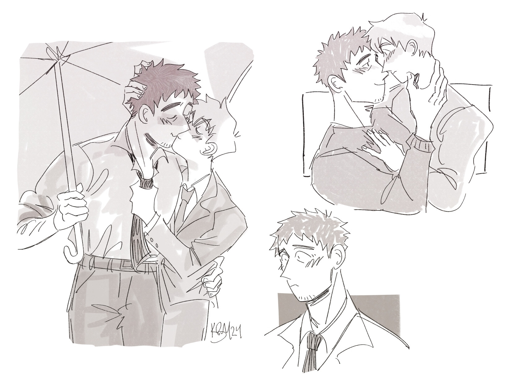 Left side: a drawing of Reigen and Serizawa from Mob Psycho 100, kissing under Serizawa's umbrella. Serizawa is holding the umbrella with his right hand, his left hand is around Reigen's waist. Reigen is grabbing at Serizawa's tie with his left hand, his right is at his head, in his hair. Shaded loosely with different gray tones.

Top right: a bust drawing of Reigen and Serizawa. Serizawa is smiling and blushing, touching Reigen's face and neck with his hand. Reigen looks very nervous and is blushing. He is touching Serizawa's chest with his hand. Shaded minimally with light grays.

Bottom middle: a simple bust drawing of Serizawa, who looks surprised/worried. His hair and tie are shaded in. A small block of gray is behind him.

There is a light pinkish tone over all three drawings.