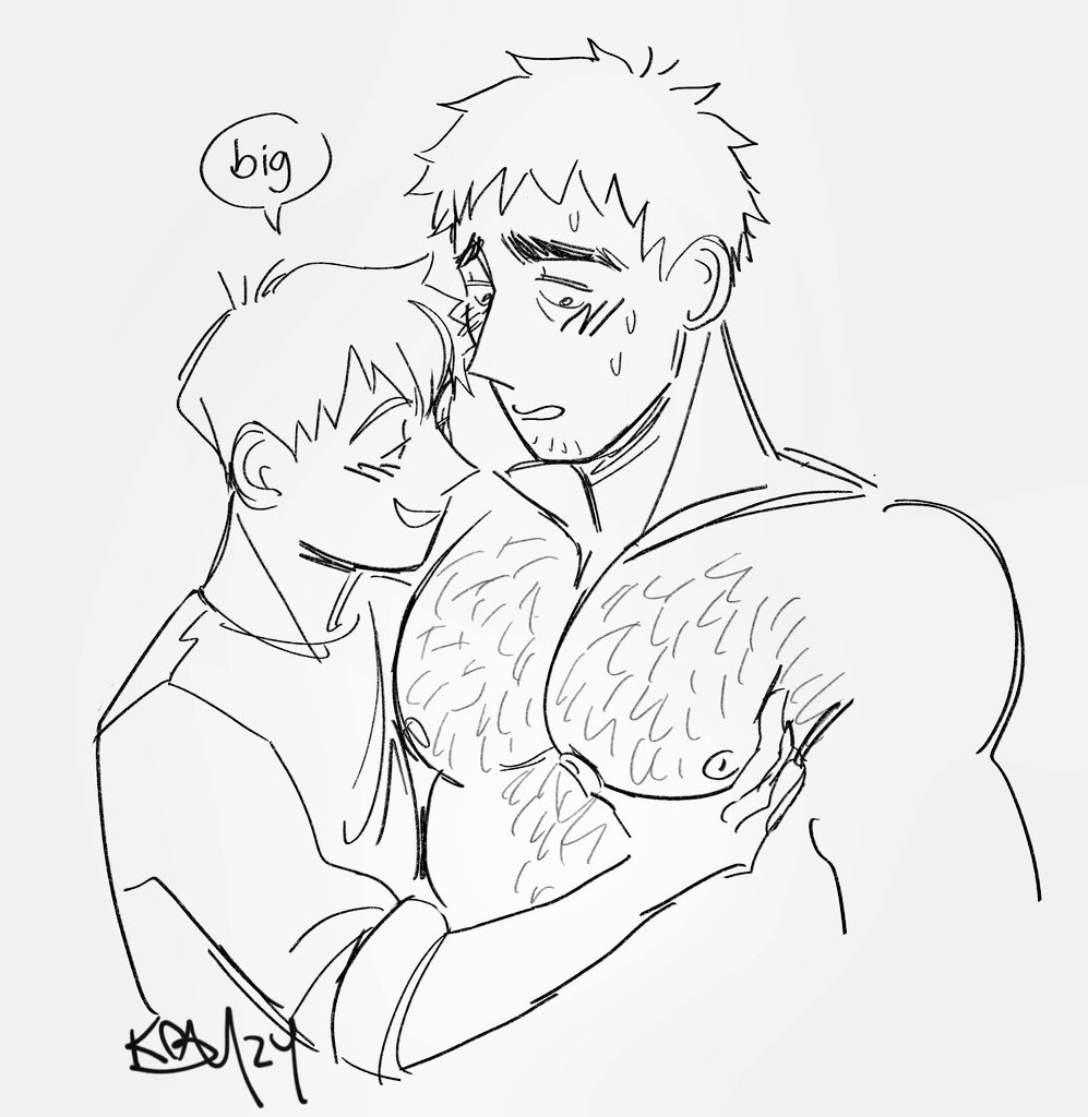 Line drawing of Reigen and Serizawa. Serizawa is shirtless, and Reigen is grabbing his left pec, looking at it and saying "big." Serizawa looks flustered, Reigen seems entertained.