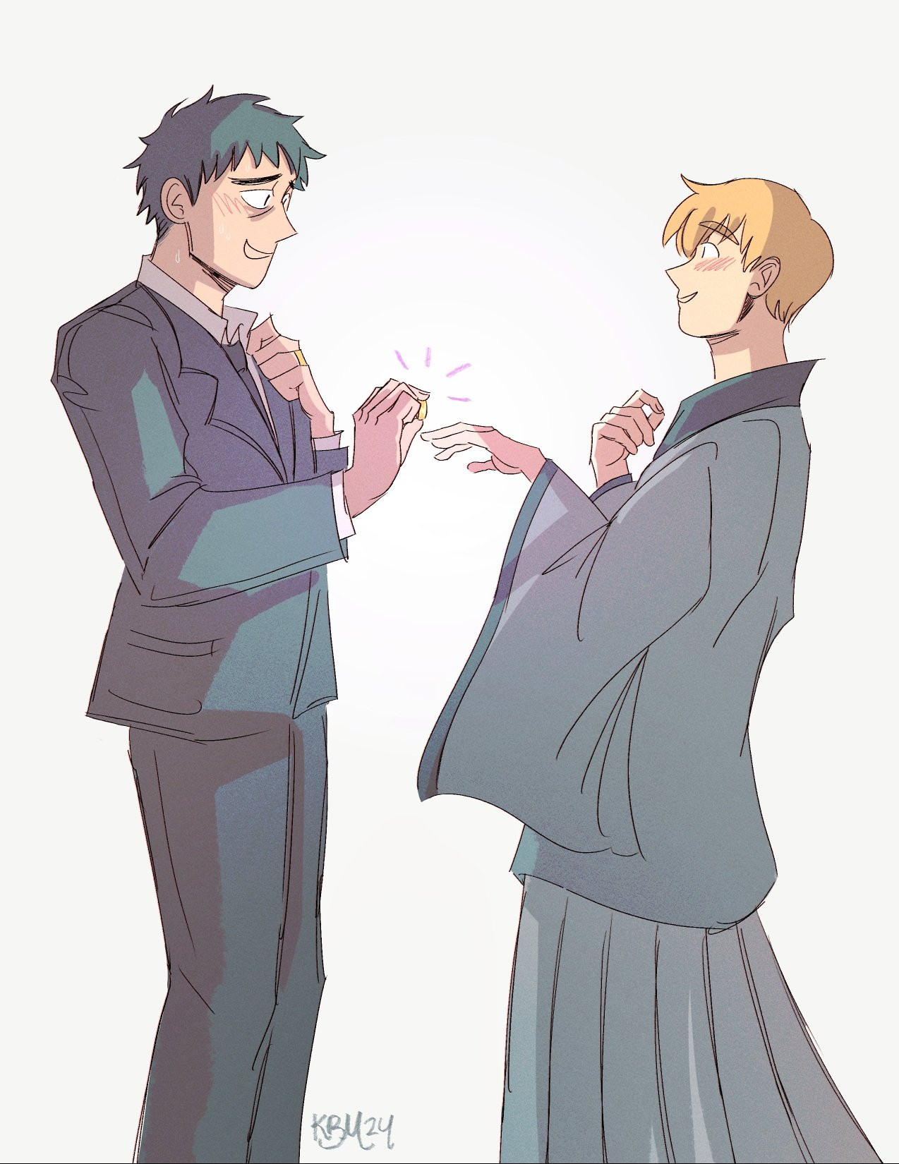 Illustration of Reigen and Serizawa wearing the outfits from the official wedding art. Serizawa is in a suit and tie. Reigen is in traditional Japanese clothing which includes a haori. Serizawa is holding a ring in his right hand, about to put it on Reigen's hand, as Reigen extends his left hand out to receive it.