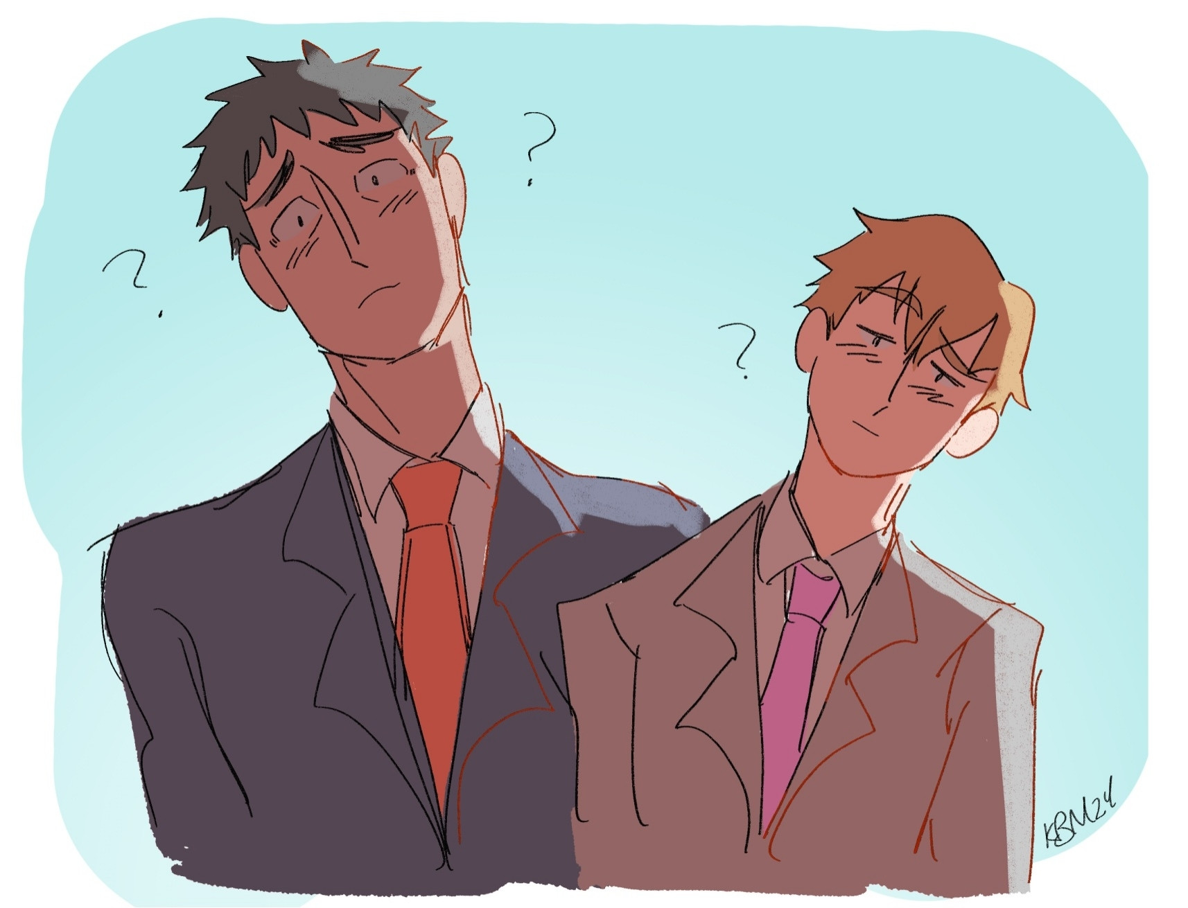 Reigen and Serizawa, looking at you with their heads cocked. Serizawa's to the left, Reigen's to the right. They look a little confused, and there are question marks around them. It's a colored drawing. They're against a light blue background. They're mostly shaded, with a light source implied on the right.