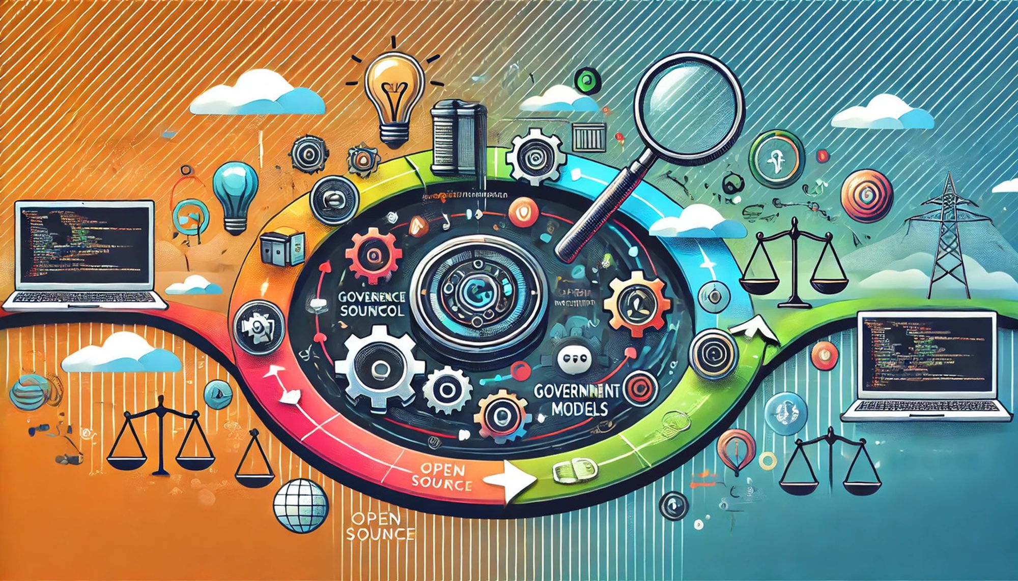 The image illustrates the continuous journey of Open Source software development with a central circular path featuring gears, coding symbols, and arrows. A magnifying glass on the left represents governance focus, and scales on the right symbolize decision-making. The background has a vibrant gradient, with subtle lines connecting the elements to highlight the interconnected Open Source ecosystem. The design is modern and abstract, with lightbulbs and community icons symbolizing innovation and collaboration.