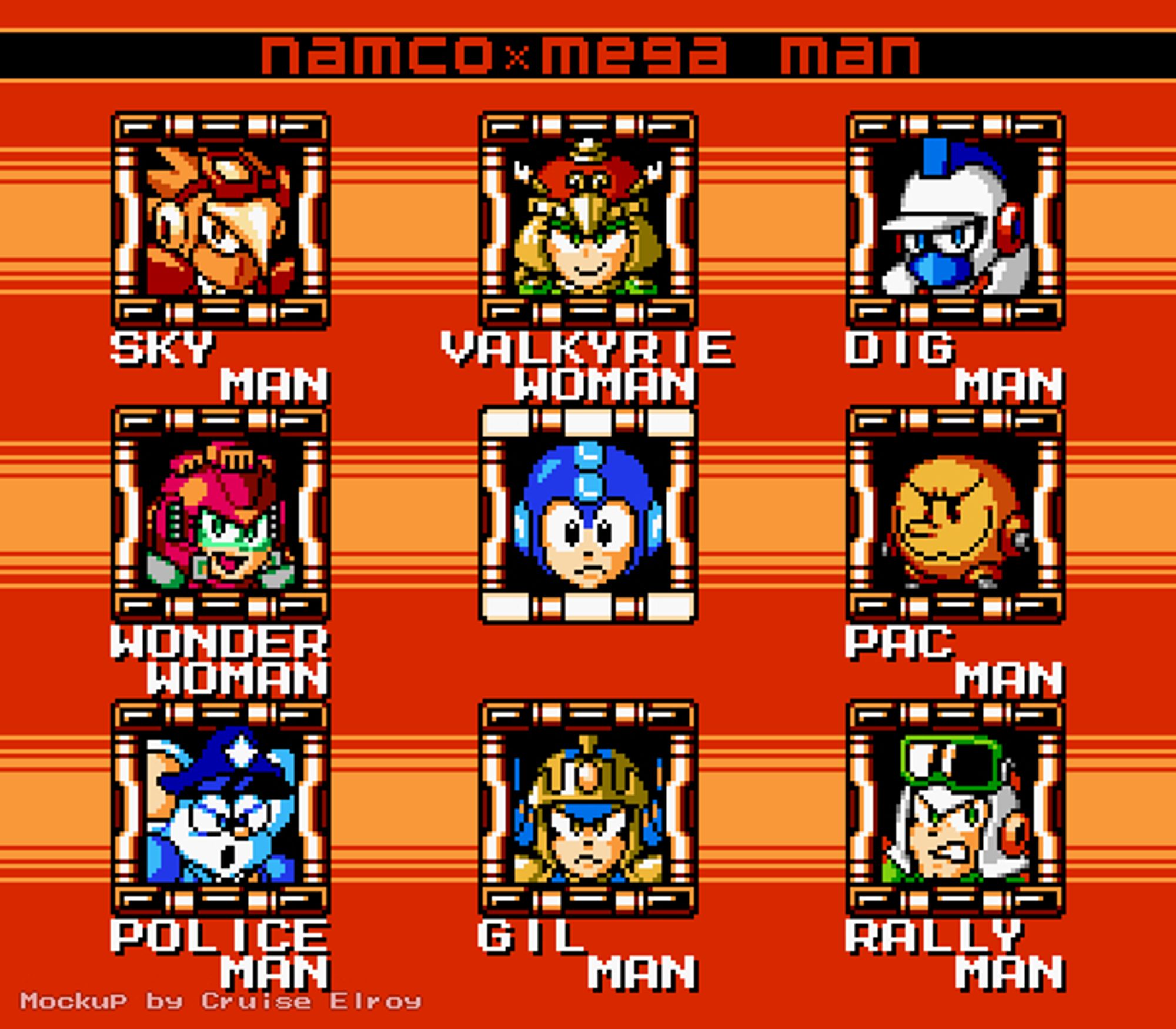 Reference to the following games in clockwise order, starting with Sky Man: Sky Kid, Valkyrie no Densetsu, Dig Dug, Pac-Man, Rally-X, The Tower of Druaga, Mappy, Wonder Momo