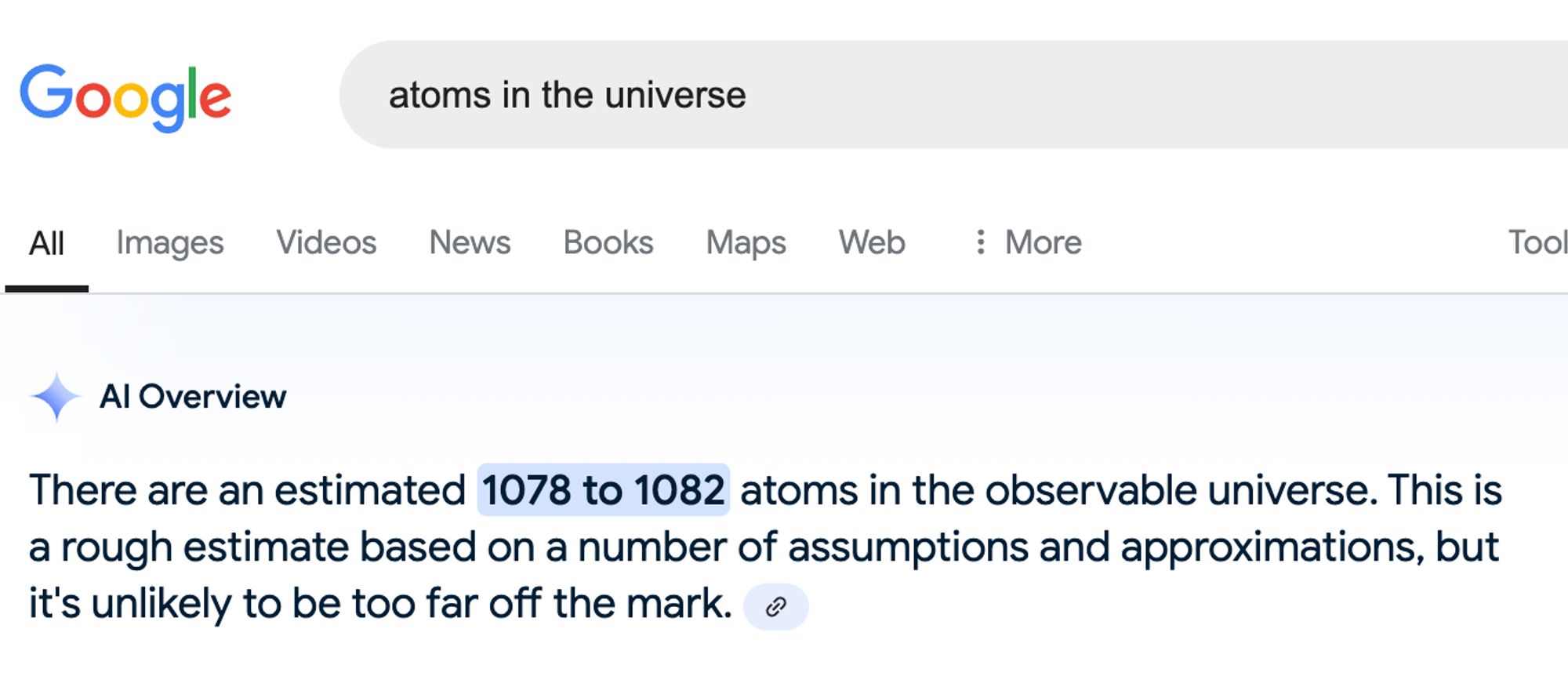 a google search for 'atoms in the universe' returns an AI  'answer' of "There are an estimated 1078 to 1082 atoms in the observable universe."