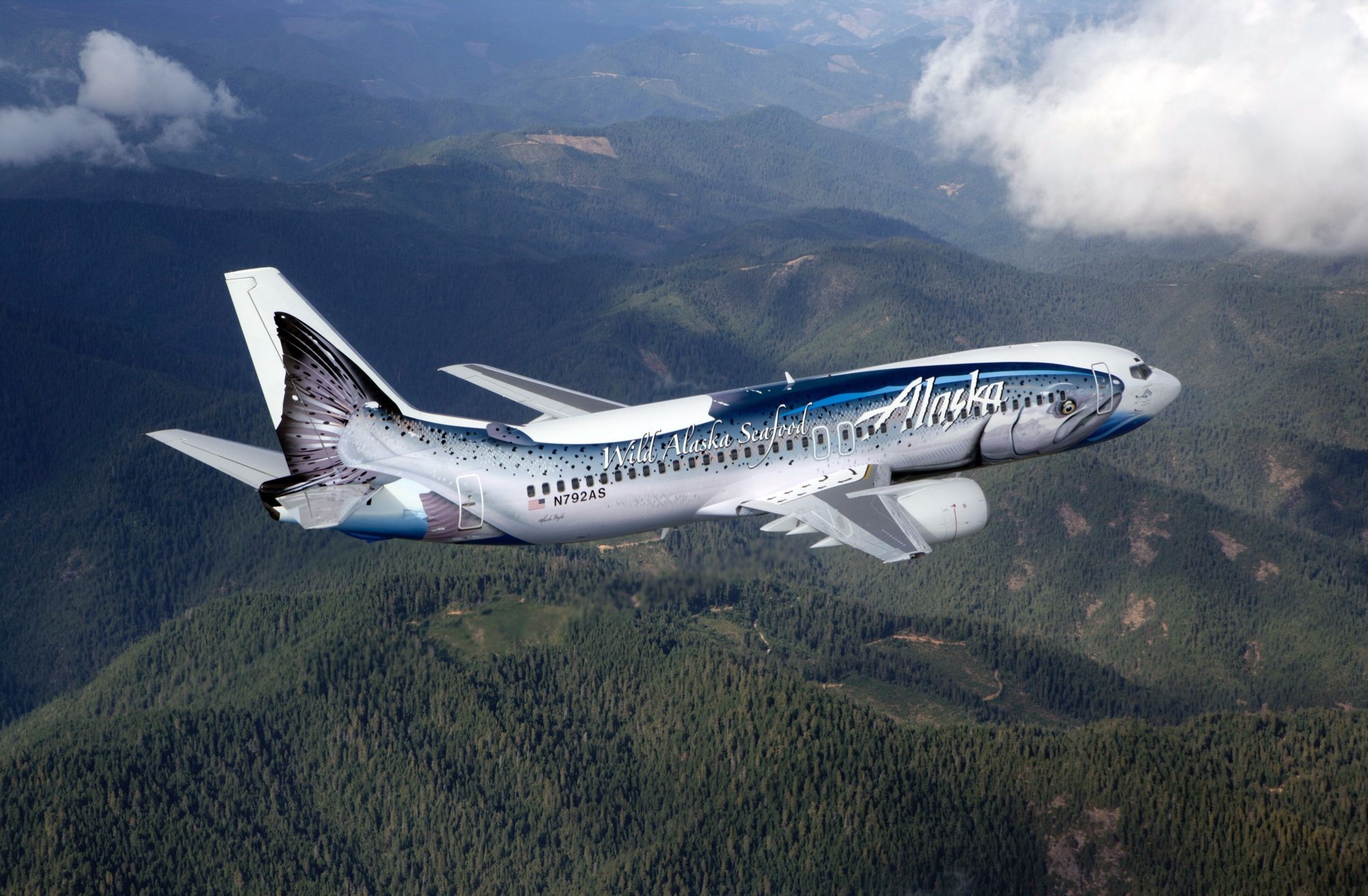 An image of an Alaska Airlines plane painted with a big fish on the sidr