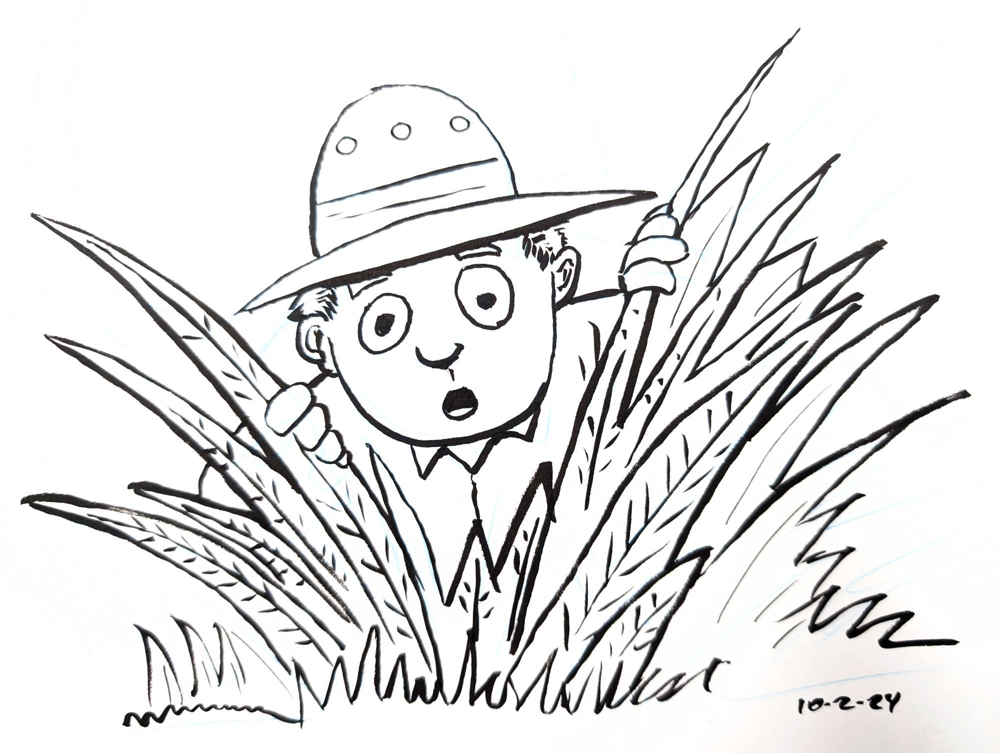 An Ink drawing of a young boy in a pith helmet peering through some tall glasses, amazed at what he sees.