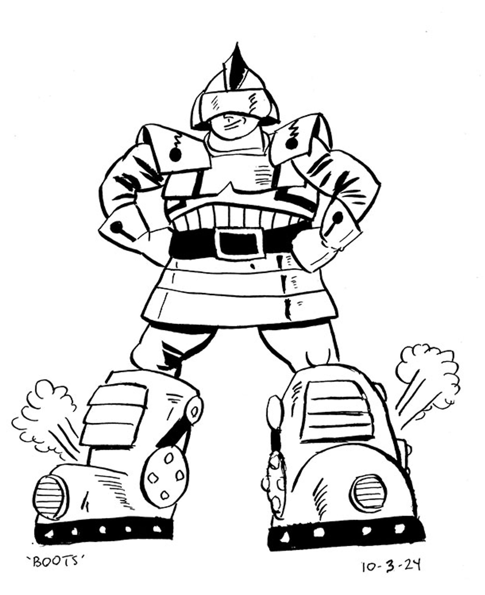 A superhero in bulky armor wearing chunky, steam-powered boots modeled after a mid-twentieth-century diesel train engine.