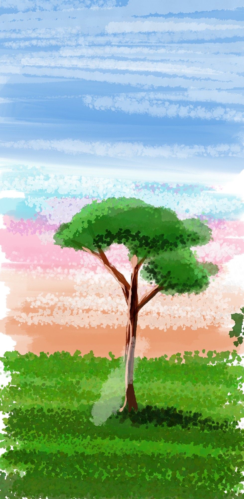 A digital painting of a tree at sunset. The sky's colors fade from blue to pink to orange.