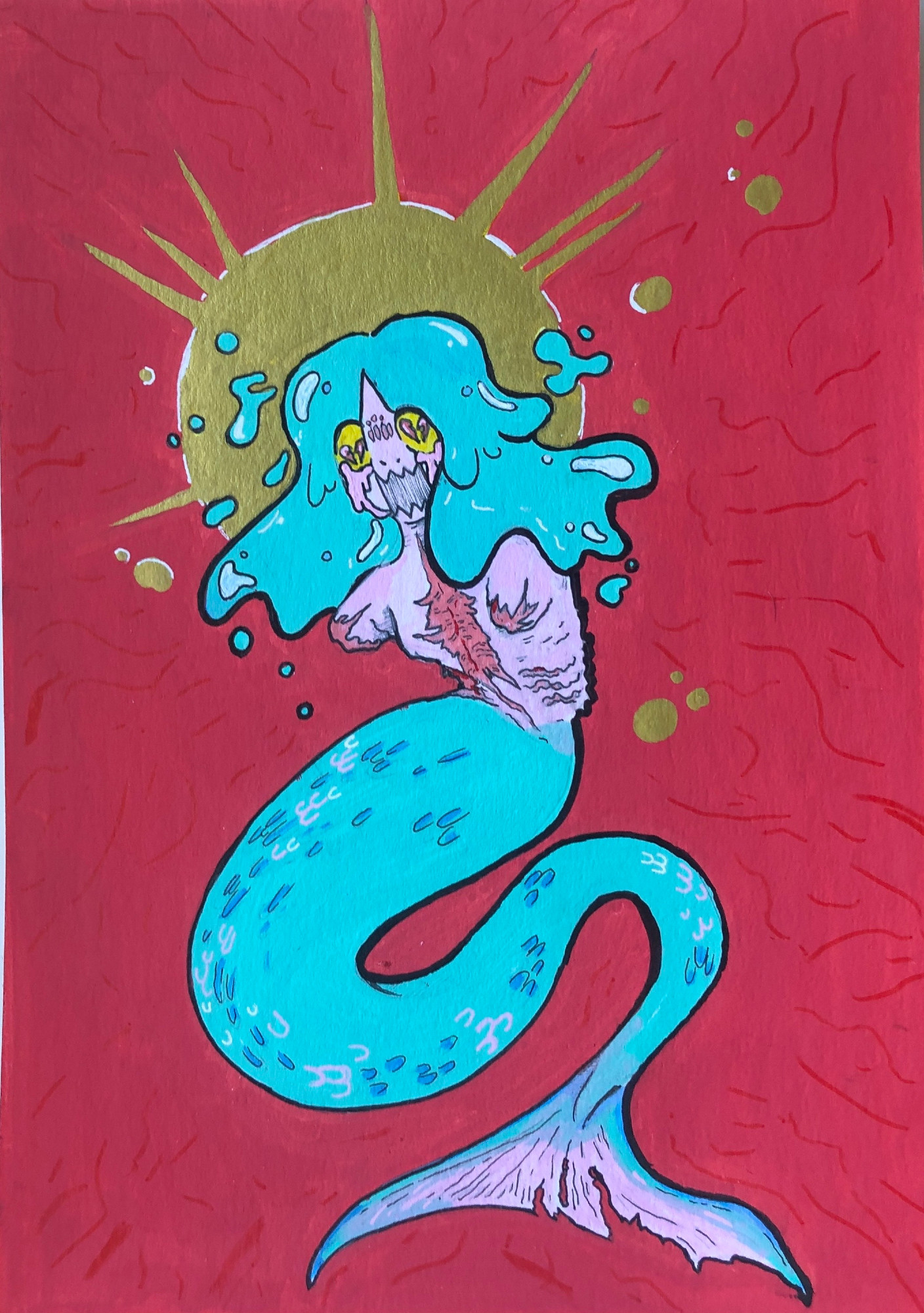 A painting of an armless mermaid screaming on a red background with a gold light behind her