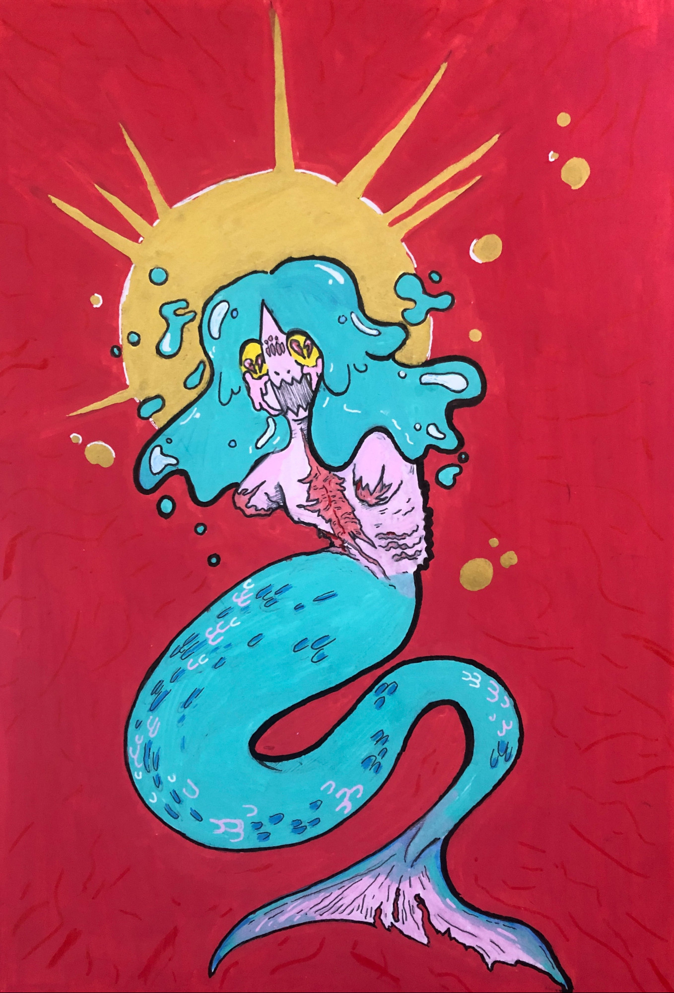 A painting of an armless mermaid screaming on a red background with a yellow light behind her