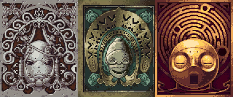 Pixel art triptych of Grimoire Weiss, Noir and Rubrum from NieR: Replicant.