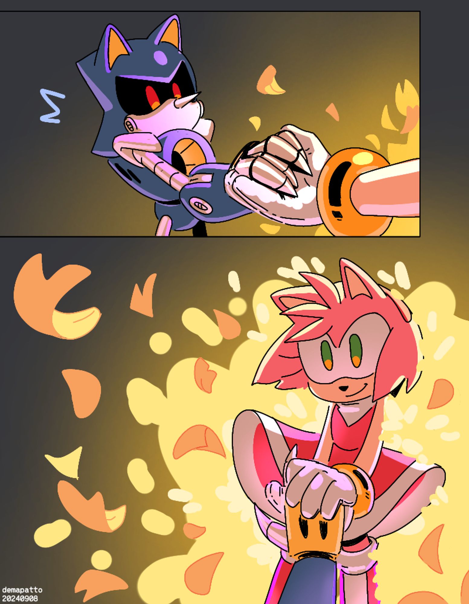 Quick ALT: Page 2. A fancomic of Amy Rose holding Metal's outreached arm using both of her gloved hands. Metal noticed the bright golden petals from Amy's part of the border. Amy just comfortably smiles, still holding Metal's hand, as the golden petals start to softly hit her back and rush to Metal's direction.