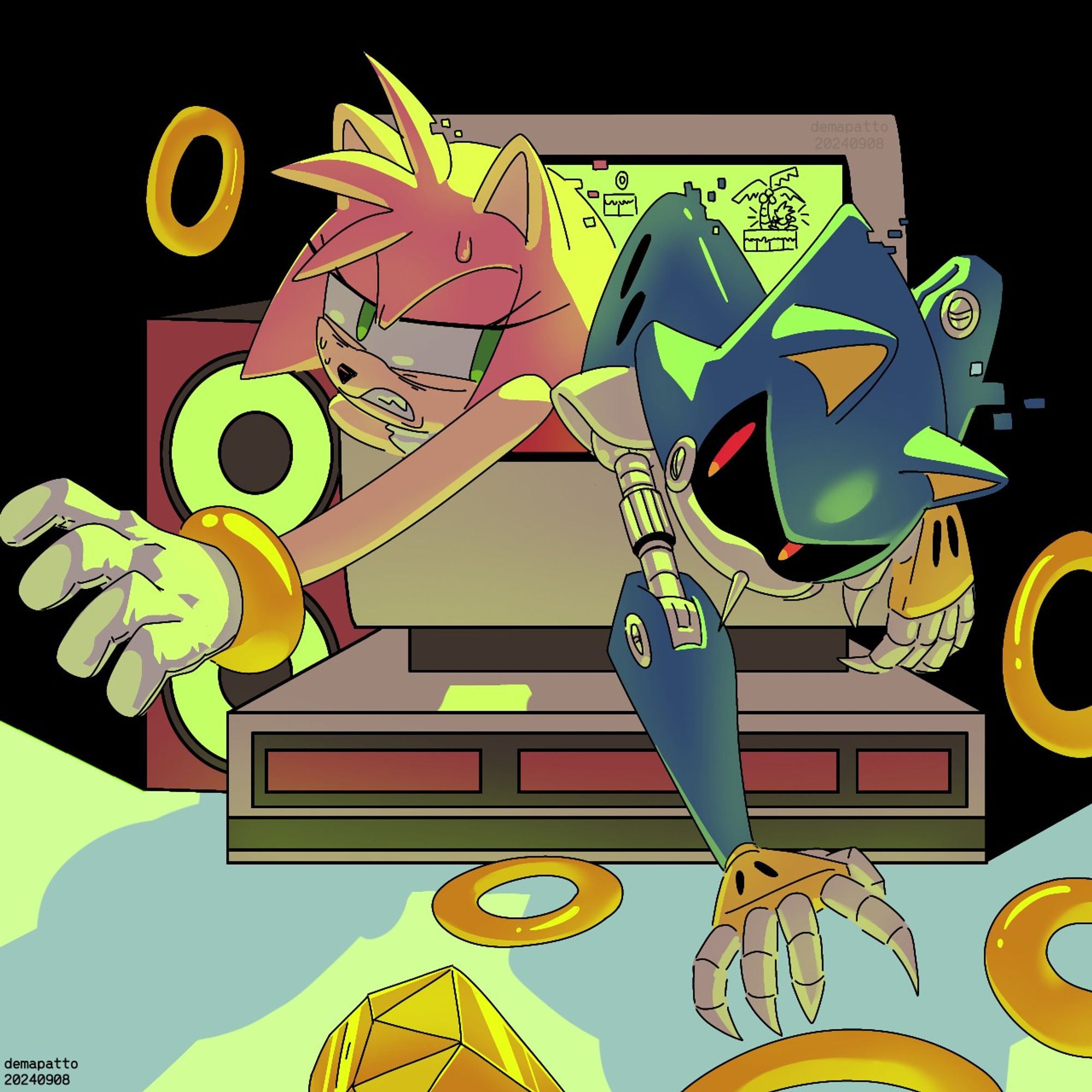 Quick ALT: A fanart of Amy Rose and Metal Sonic both stuck and trying to get out from a dated computer monitor's screen. They reach out for the yellow chaos emerald in haste as golden rings fly around from the damage received.