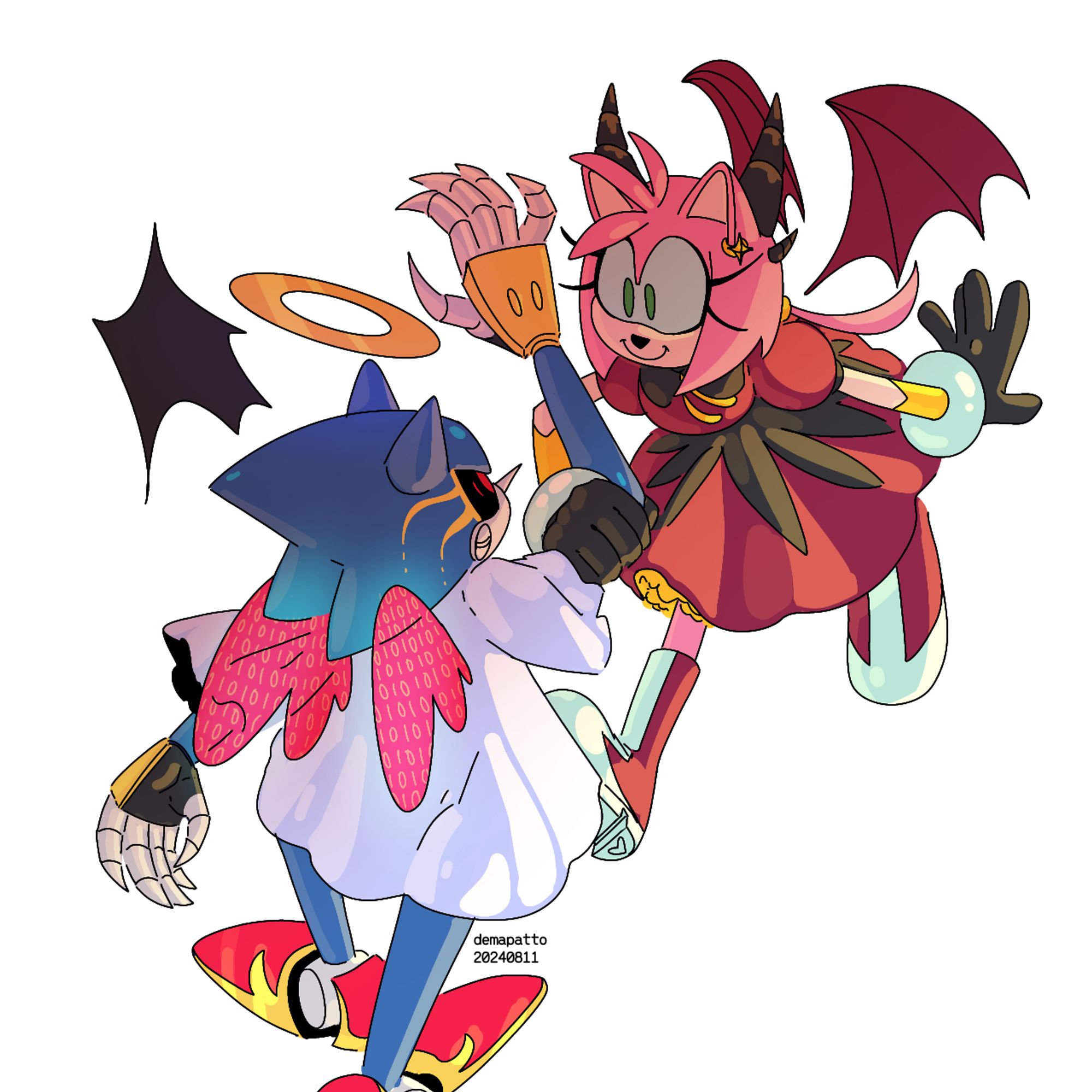 Quick ALT: A fanart of Demon Amy Rose and Angel Metal Sonic.

Demon Amy Rose has two pairs of big and small horns on each side of her head, growing behind her ears. She wears her usual style of quills, with the addition of long and thin quills pulled in a scrunchy behind her. She has an empty but somewhat excited look on her face as she smiles. The dress she wears is a darker shade of red, adorned with varied black and white accents. Her bat-like wings are the same shade as her dress.

She has her full attention on the robot in front of her. She has one hand firmly gripped to the other person's arm. Metal Sonic is shaken. 

Angel Metal Sonic is wearing a plain light blue dress that goes above his knees. Behind where his jet should be, a red, holographic-like set of wings pulses with binary decorations. A golden halo also shines above his head. Metal is adorned with golden accents seen around his eyes and on his wings and shoes.