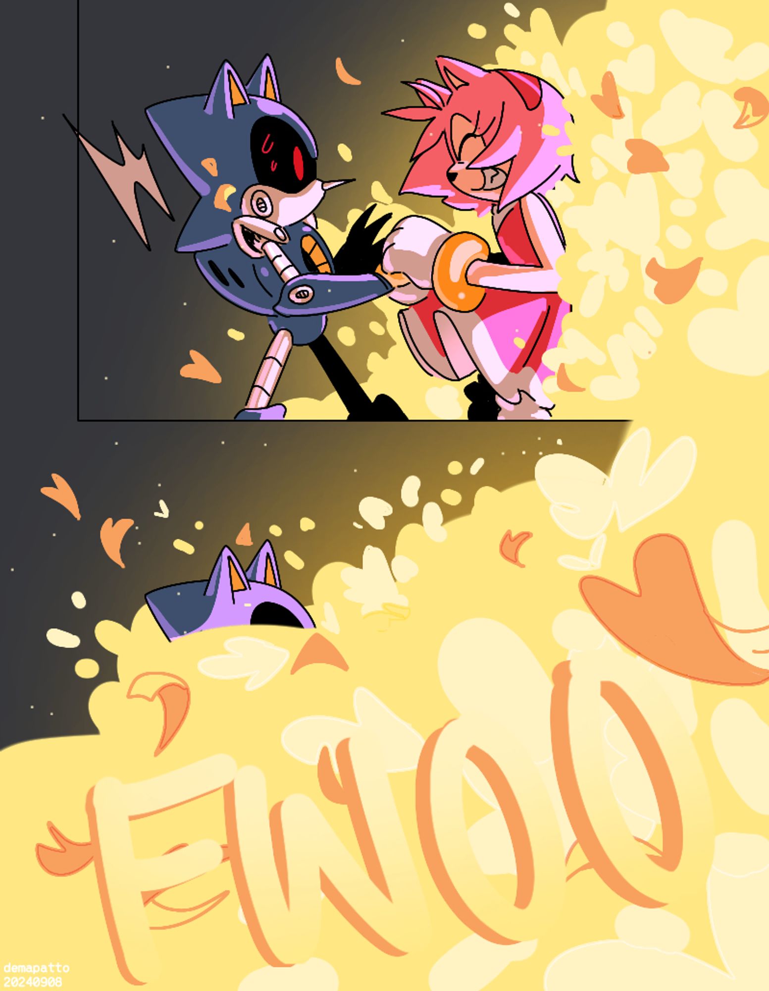 Quick ALT: Page 3. A fancomic where Metal is visibly distressed by the rush of gold petals that has started flooding from Amy's part of the border. Amy just closed her eyes and giggled, making sure to still hold Metal's hand. Just instantly, the petals had covered both Amy and Metal with a very loud 'FWOO'.