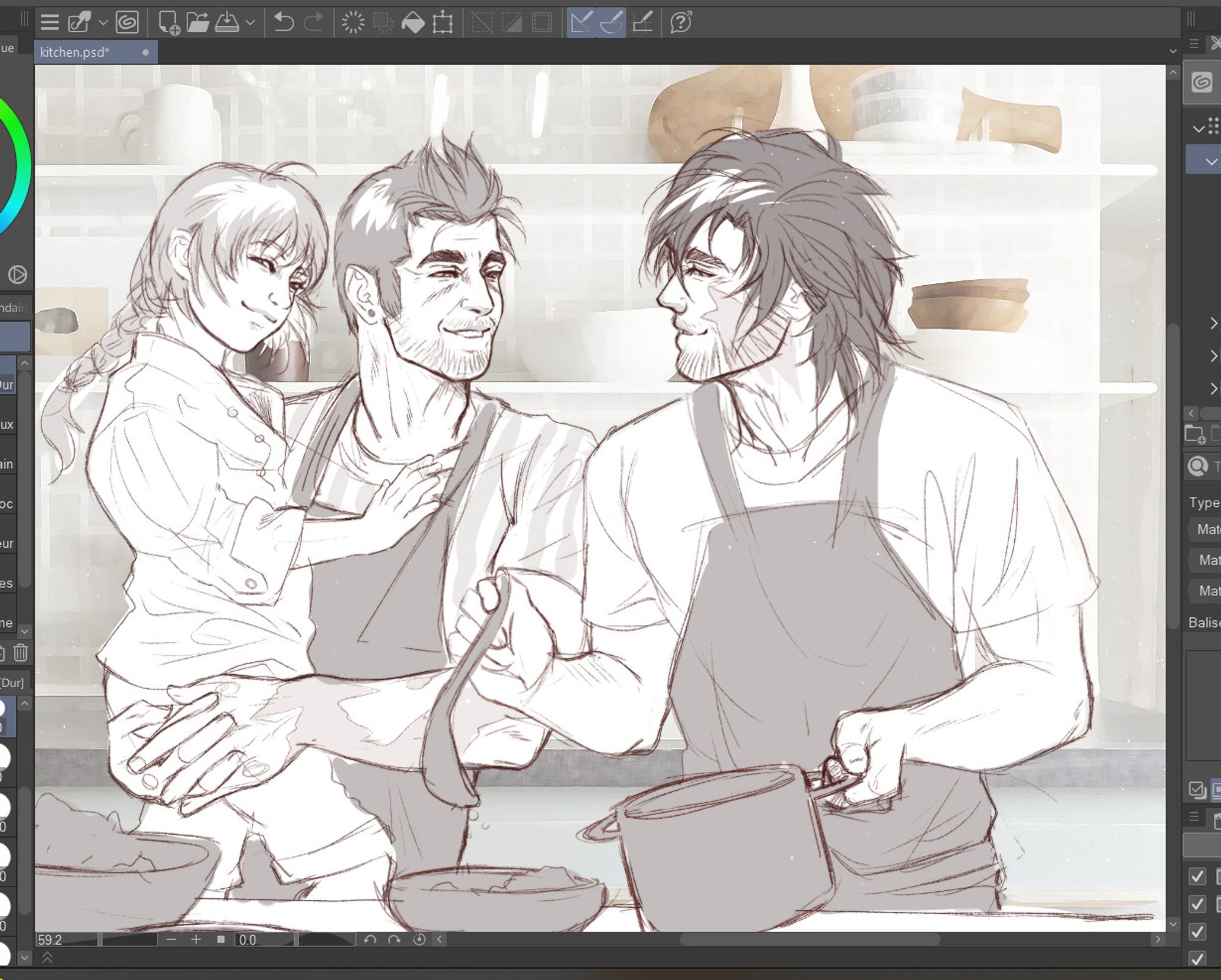 Clive, Cid and Mid from the game FFXVI. Modern AU happy dinner time. Cid is holding a very yound Mid in his arm, his scars visible and Clive is holding a big spoon, serving food for them.