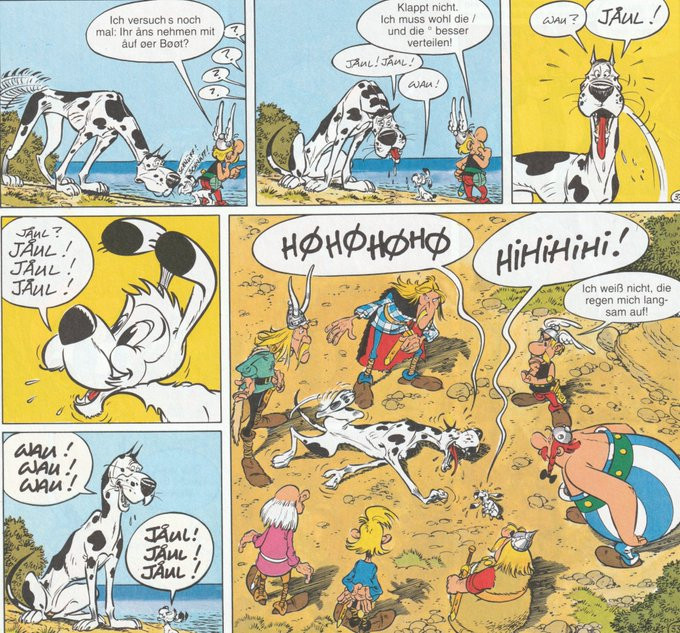 Idefix und eine dänische Dogge treffen aufeinander und tauschen ihre Kenntnisse über die Hundesprache aus.