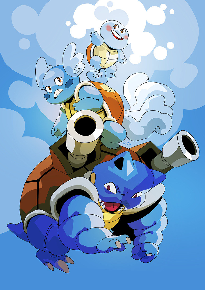 ilustração digital colorida em fundo azul simples. os pokemon blastoise, wartortle e squirtle um em pé se apoiando em cima do outro