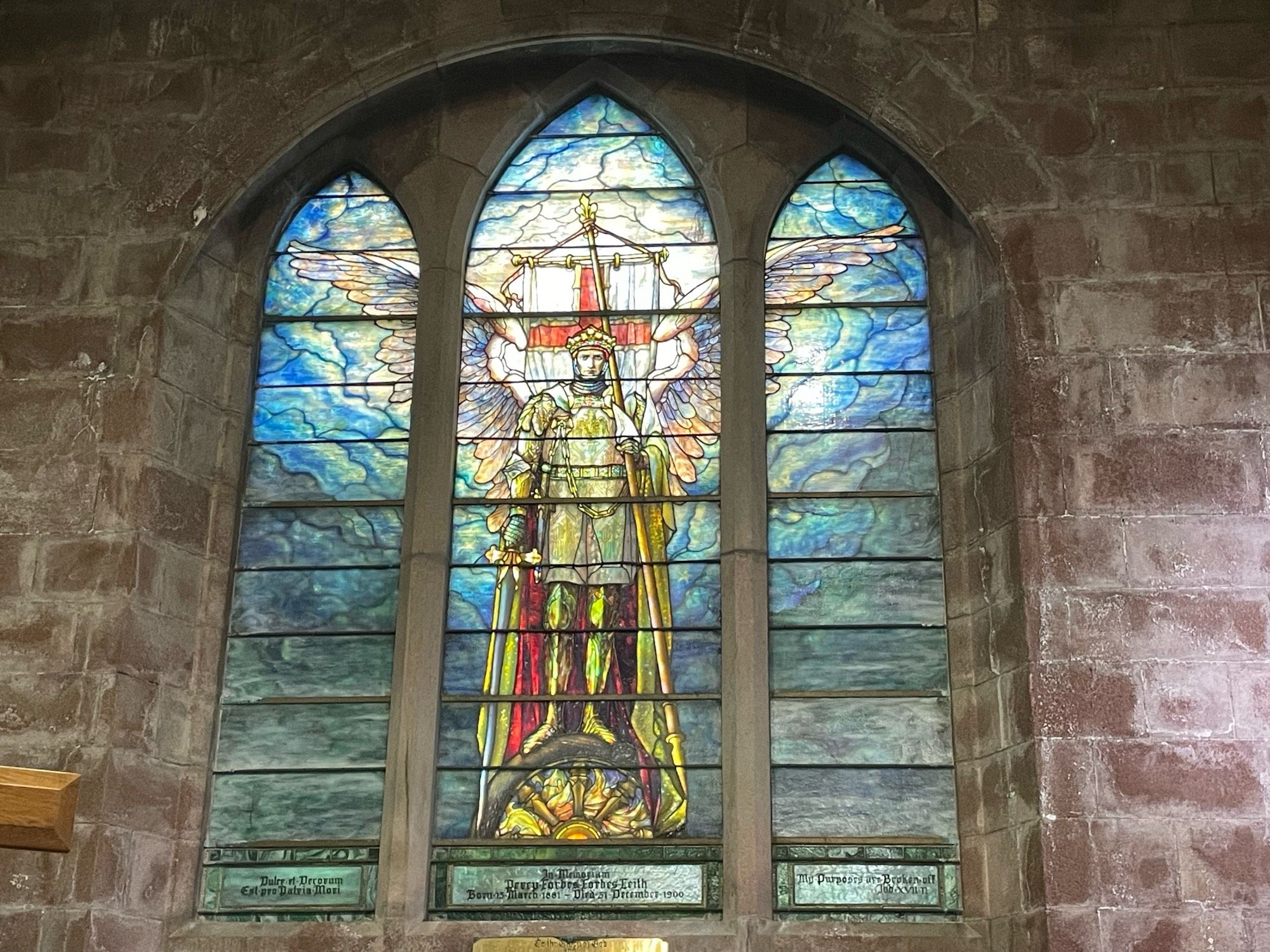 Fyvie Kirk, Aberdeenshire - the Tiffany window in the east window, commemorating Percy Forbes-Leith who died in South Africa in 1900. It shows St Michael.