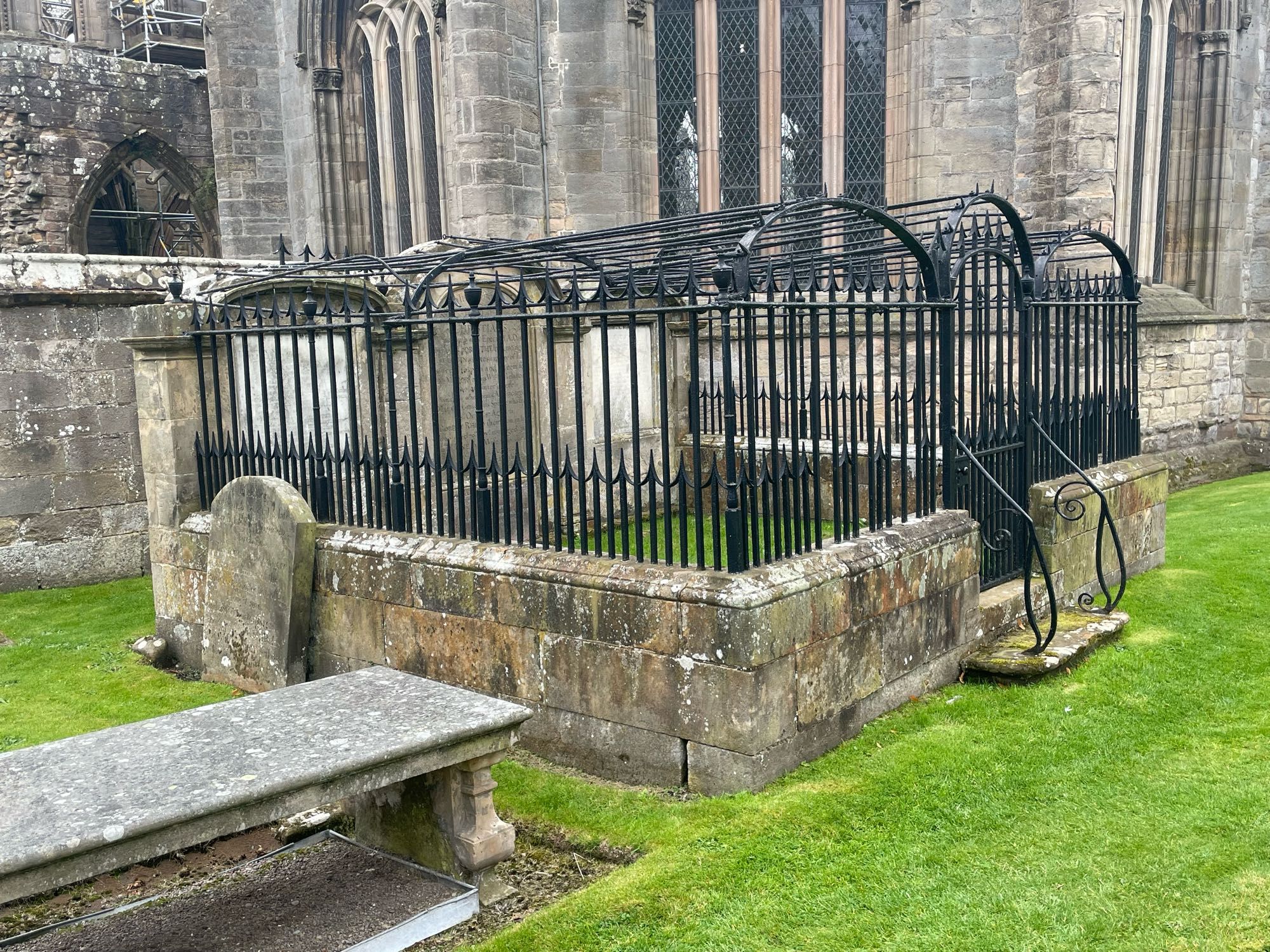 Iron tomb enclosure and mortsafe erected in 1810 by John Forsythe, Ironmonger in Elgin, at Elgin Cathedral.