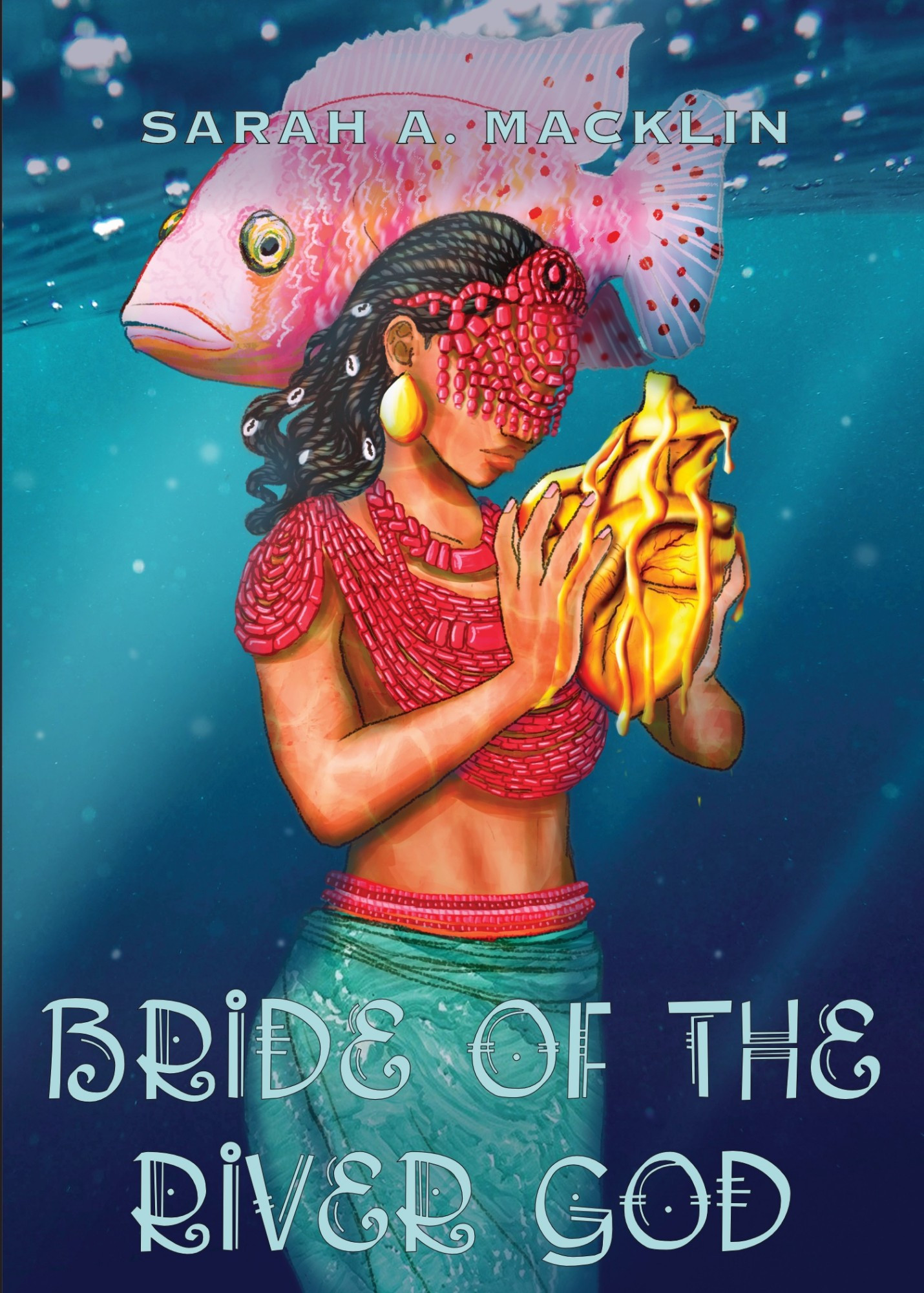 A young woman stands underwater, holding a large golden heart in her hands. Her hair is braided and floating. She wears a beaded red headdress that hides the top of her face and a making necklace that covers her chest. She wears a long wrap skirt. A large fish swims behind her.