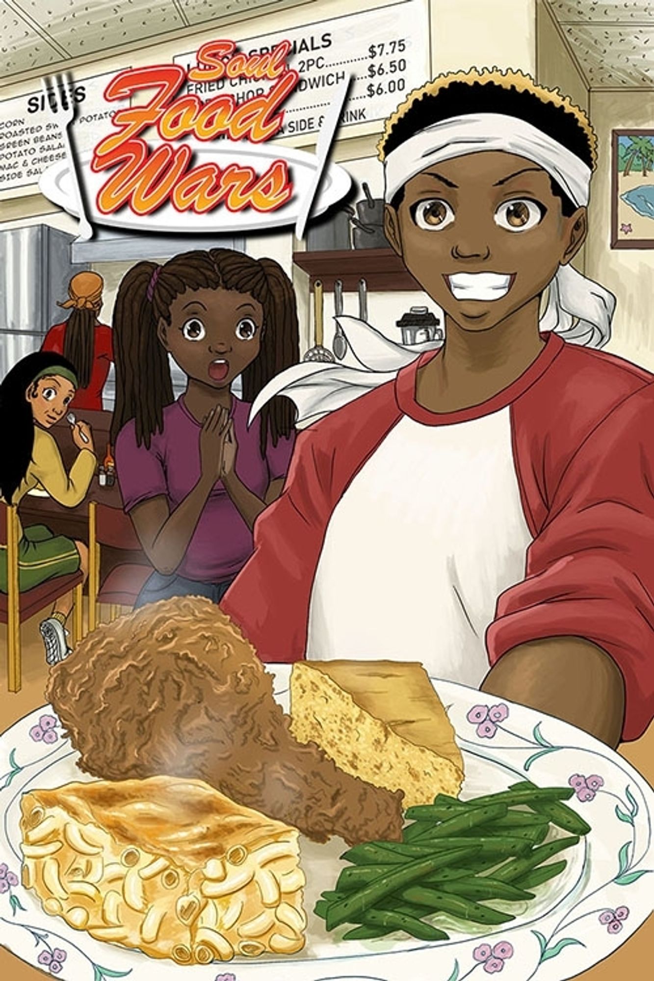 The cover to the parody comic Soul Food Wars. A young Black man in a red and white sweatshirt holds a plate of soul food while an excited Black girl in a purple shirt with locs in ponytails looks on. They stand in a small restaurant. A menu is on the wall above a counter where another Black youth eats. A Black man with locs tied back cooks in the kitchen.