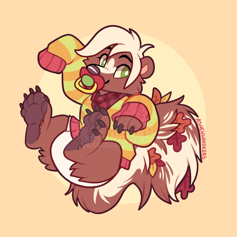 Cute furry art of a brown skunk with green eyes and long hair. Their tail is very fluffy and full of autumn leaves. They're wearing a colorful baggy sweater and a simple white diaper. They're in a floaty post with their foot paws up in the air, sucking on a paci and smiling.