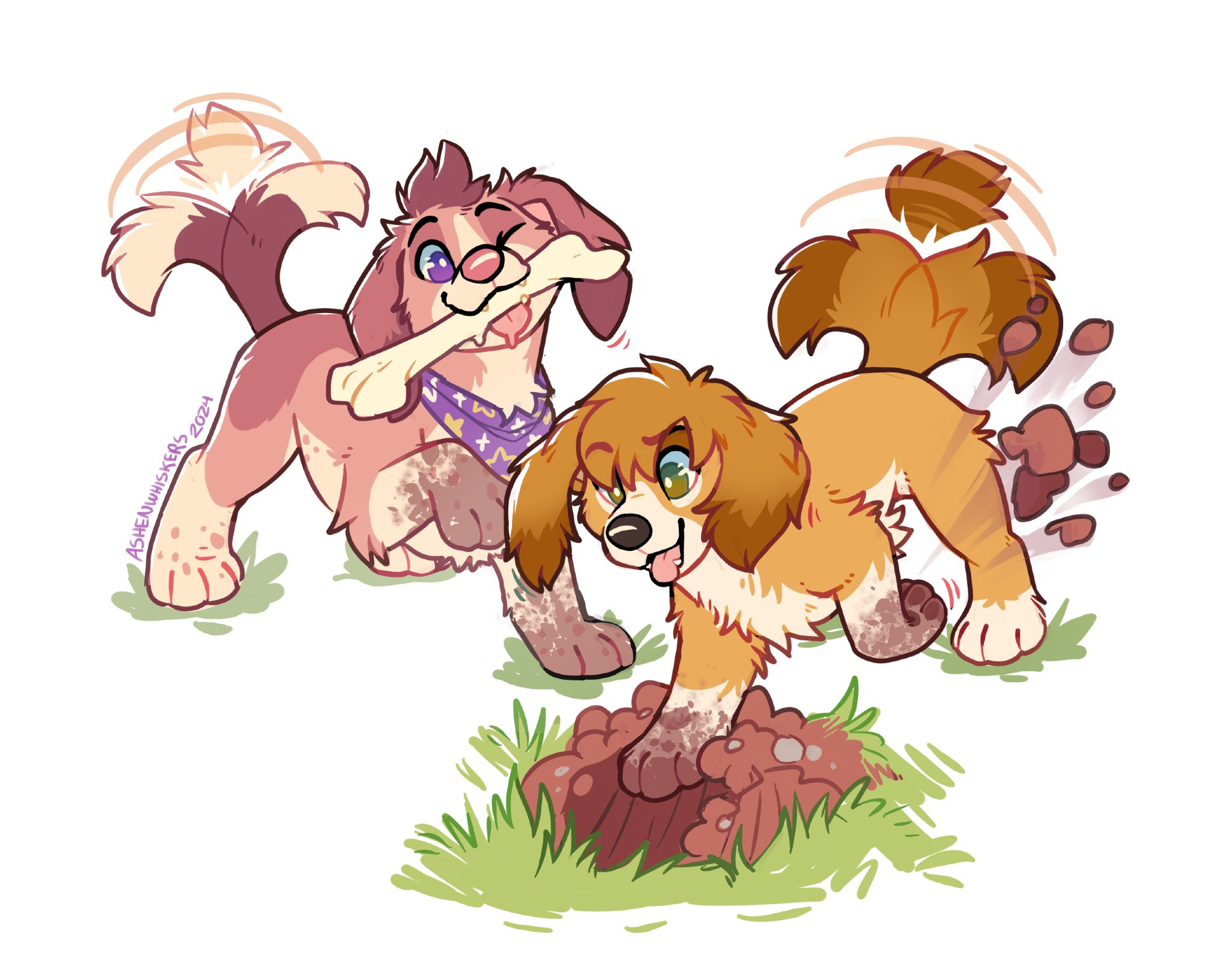 Cute furry art of two quadrupedal puppies. A pinkish beagle with a purple bandana and purple eyes wags and holds a bone in his mouth, watching while the golden x pyrynees puppy digs a hole and flings clumps of dirt behind her. They are both very happy and wagging and covered in dirt.