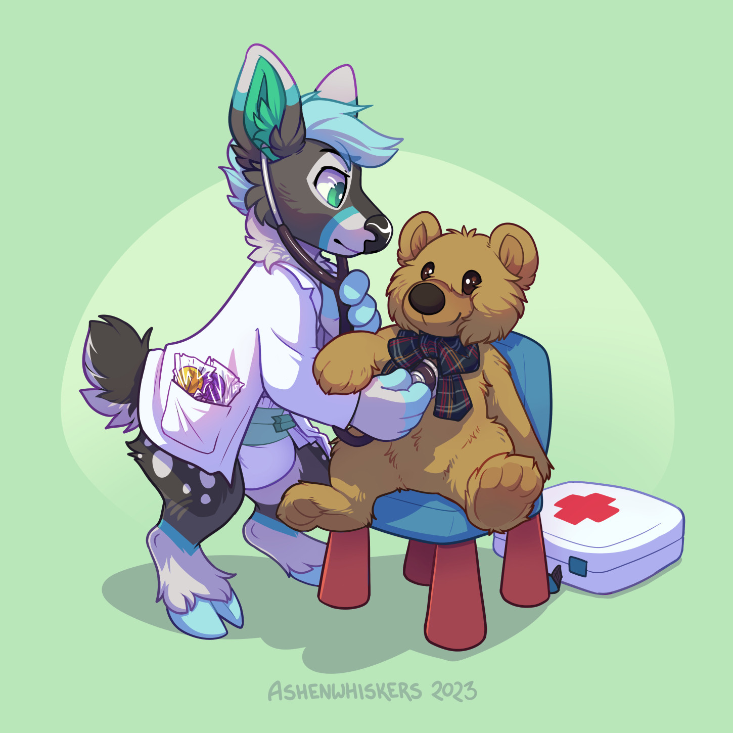 Cute furry art of a black, blue and white deer kid in a diaper and a lab coat. He's holding a stethoscope to check the heart rate of his teddy, propped up in a chunky color block kid's chair. His is expression is very focused and serious.