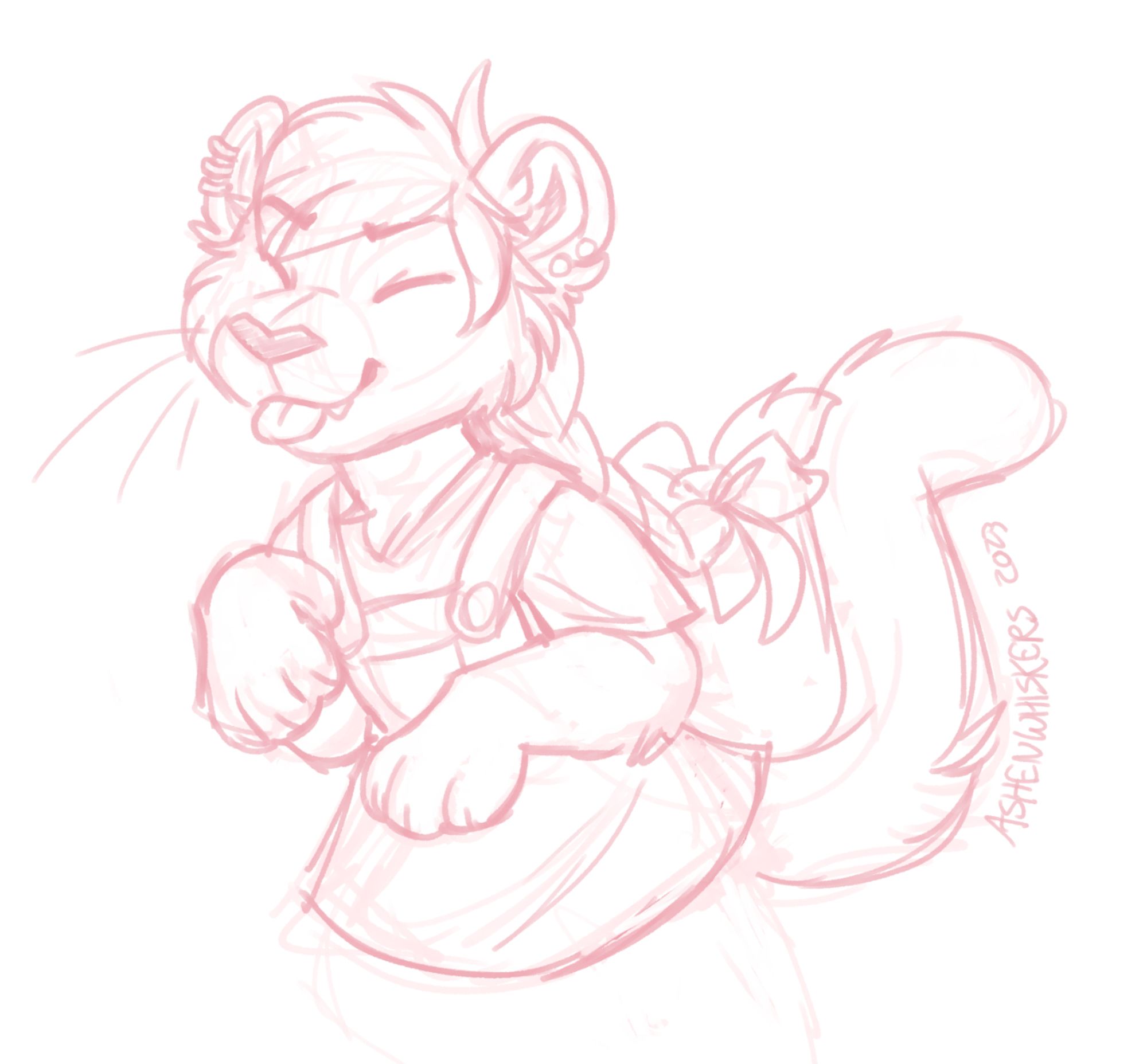 furry art, a rough sketch in soft pink of a young snow leopard girl sticking their tongue out mischievously. she is dressed in a jumper and her hair is in braids