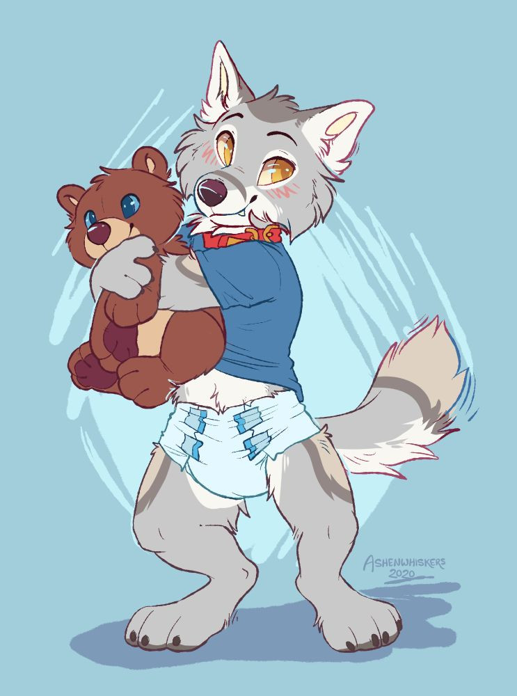 An adult, male, anthropomorphic wolf wearing a blue t-shirt, red dog collar, and white disposable diaper. They are hugging a stuffed teddy bear, and looking off-center with a snaggle-toothed grin.
(alt text stolen from Randall, thanks lol)
