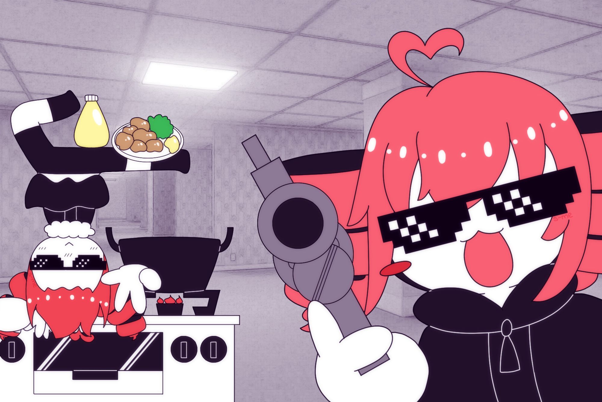 Fanart of Teto in Momiagewo Shakaagewo style: Teto (x2) are in the backrooms, one is pointing a gun asking you to claim mayonnaise supremacy, while the other is dancing on the oven