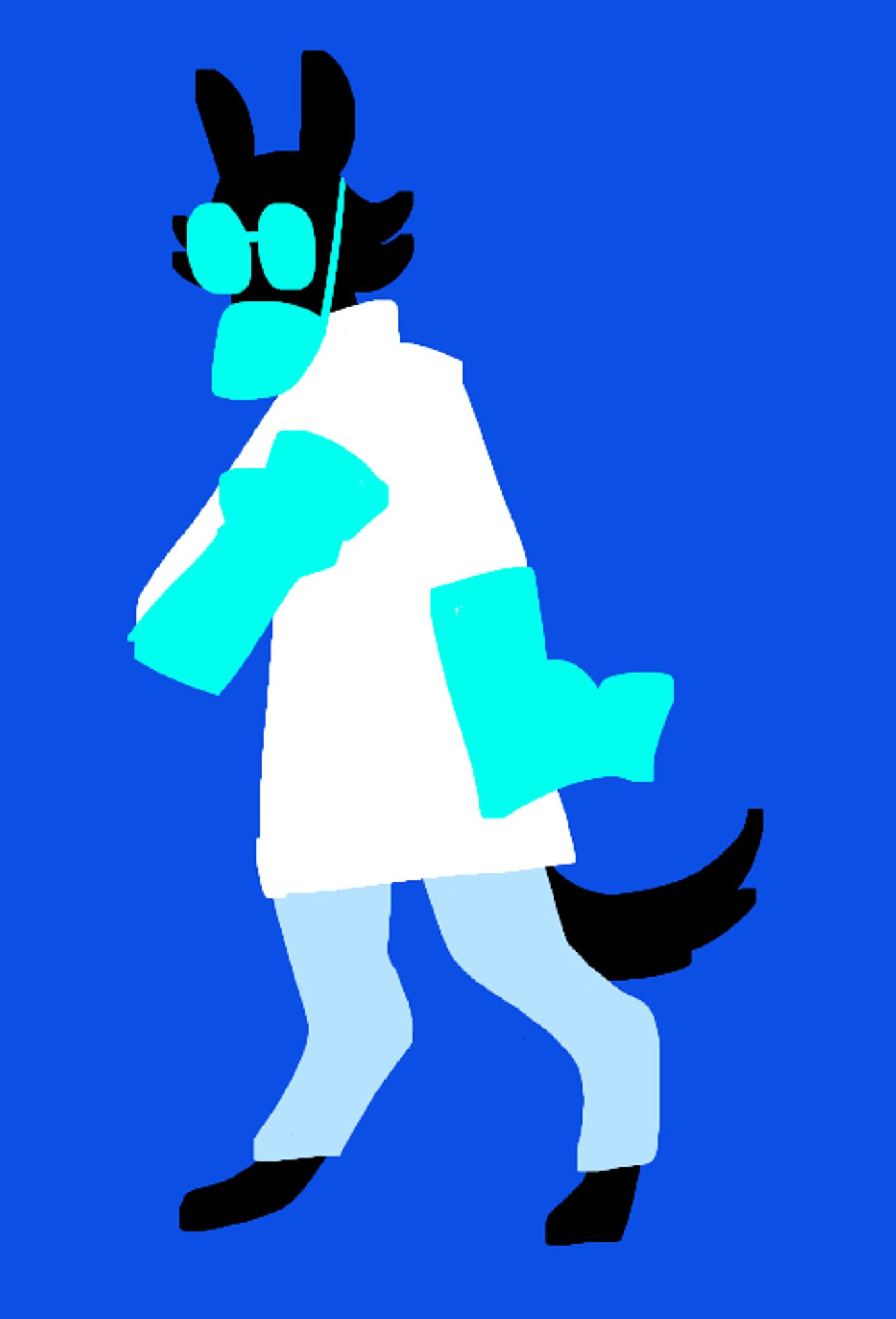 digital illustration. anthropomorphic canine in surgical PPE and glasses. they lean forward, hand on their chest.