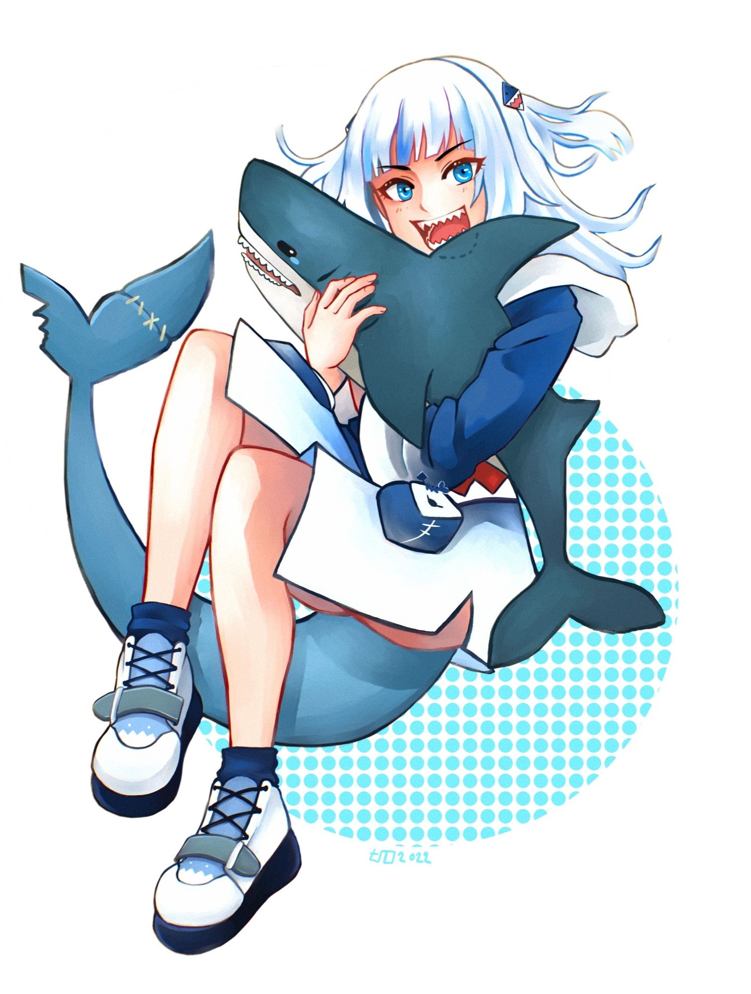 Simple full body drawing of Gura holding the Blåhaj shark from IKEA, which has a bitemark.