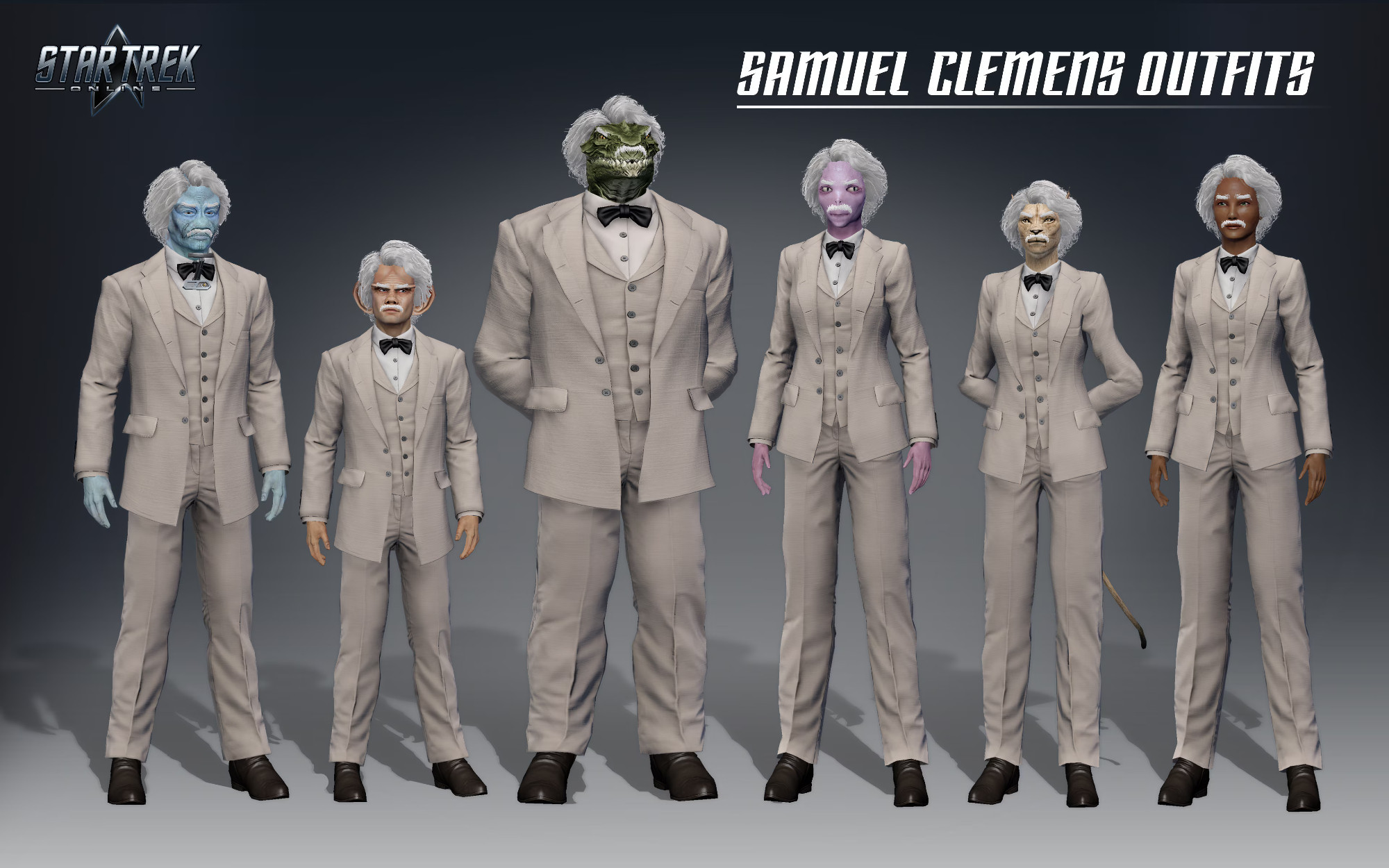 Star Trek Online characters modeling outfits based on popular Star Trek character "Samuel Clemens"