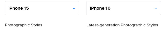 comparison from Apple's website showing that the iPhone 15 features "Photographic Styles" while the iPhone 16 has "Latest-generation Photographic Styles"