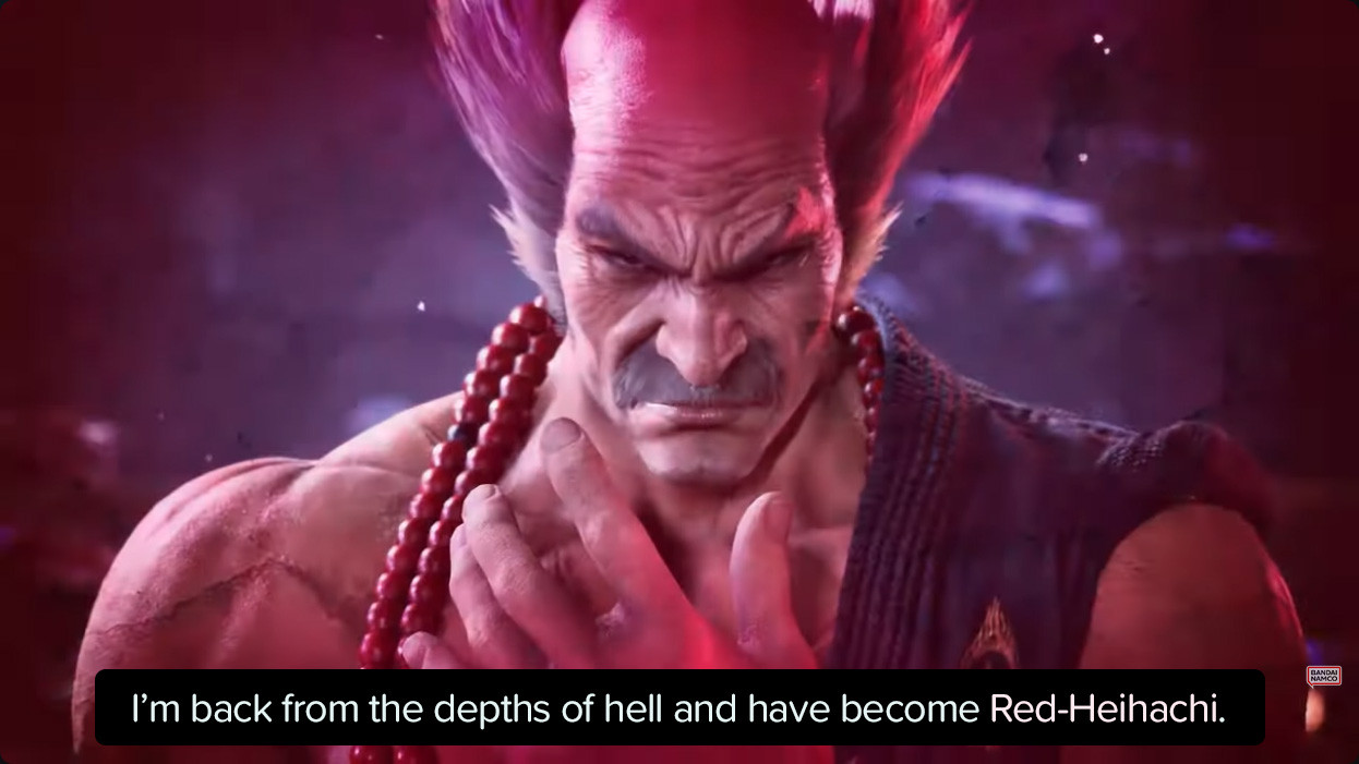 Tekken 8 screenshot of Heihachi Mishima uttering his iconic line, "I'm back from the depths of hell and have become Red-Heihachi."