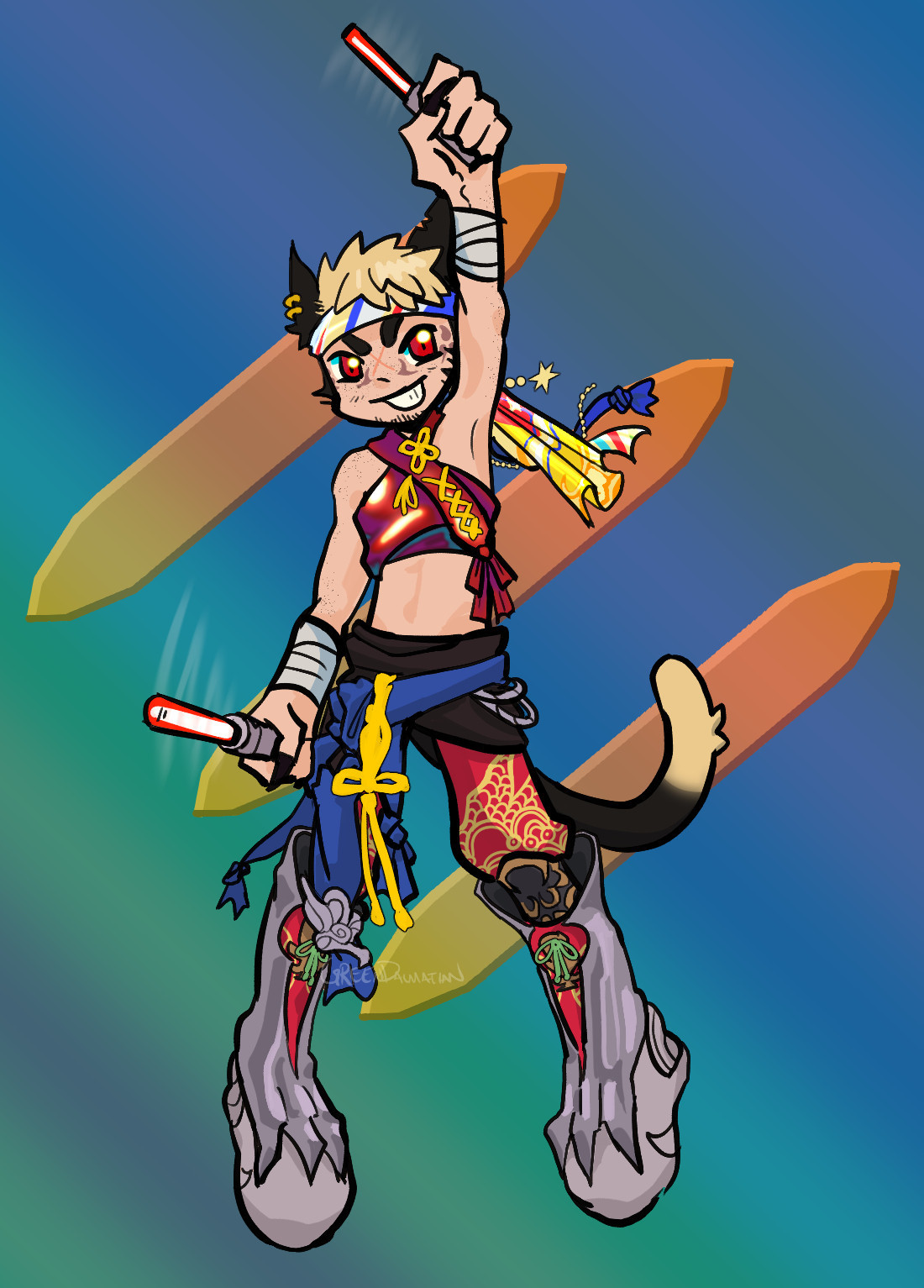 A cartoonishly stylized digital drawing of a Miquo'te from final fantasy 14 online, a man with cat ears and tail and distinctive face markings under his eyes. He is dressed in fantasy monk gear, a red wrap that covers about as much as a crop top, and red pants and metal boots. He's holding two glow sticks and is pumping up one of his fists and in midair in a jump.