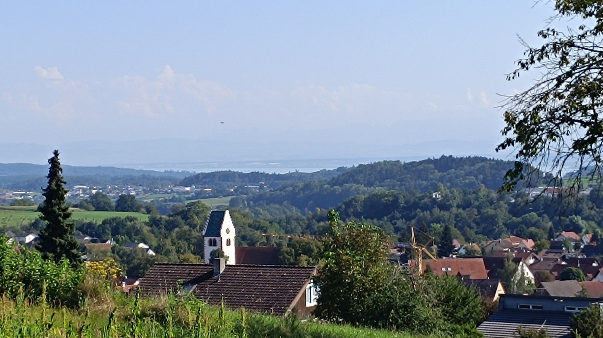 Panoramablick auf Häuser, in der Ferne der Bodensee