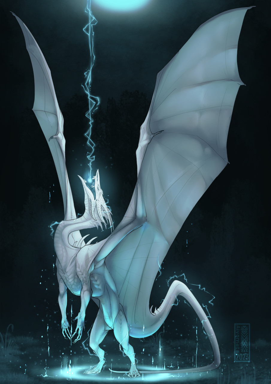 White dragon standing on it's hind legs. Head held high it breaths lightning into the dark night sky above. Electricity crackling on and around it's body.