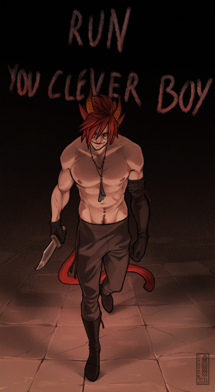 From darkness a red haired man with cat ears, cat tail and horn walks towards the viewer while holding a knife. Behind him there's text saying ' Run you clever boy'.