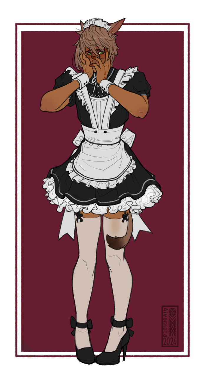 Tan catboy blushing and covering his face while wearing a maid dress.