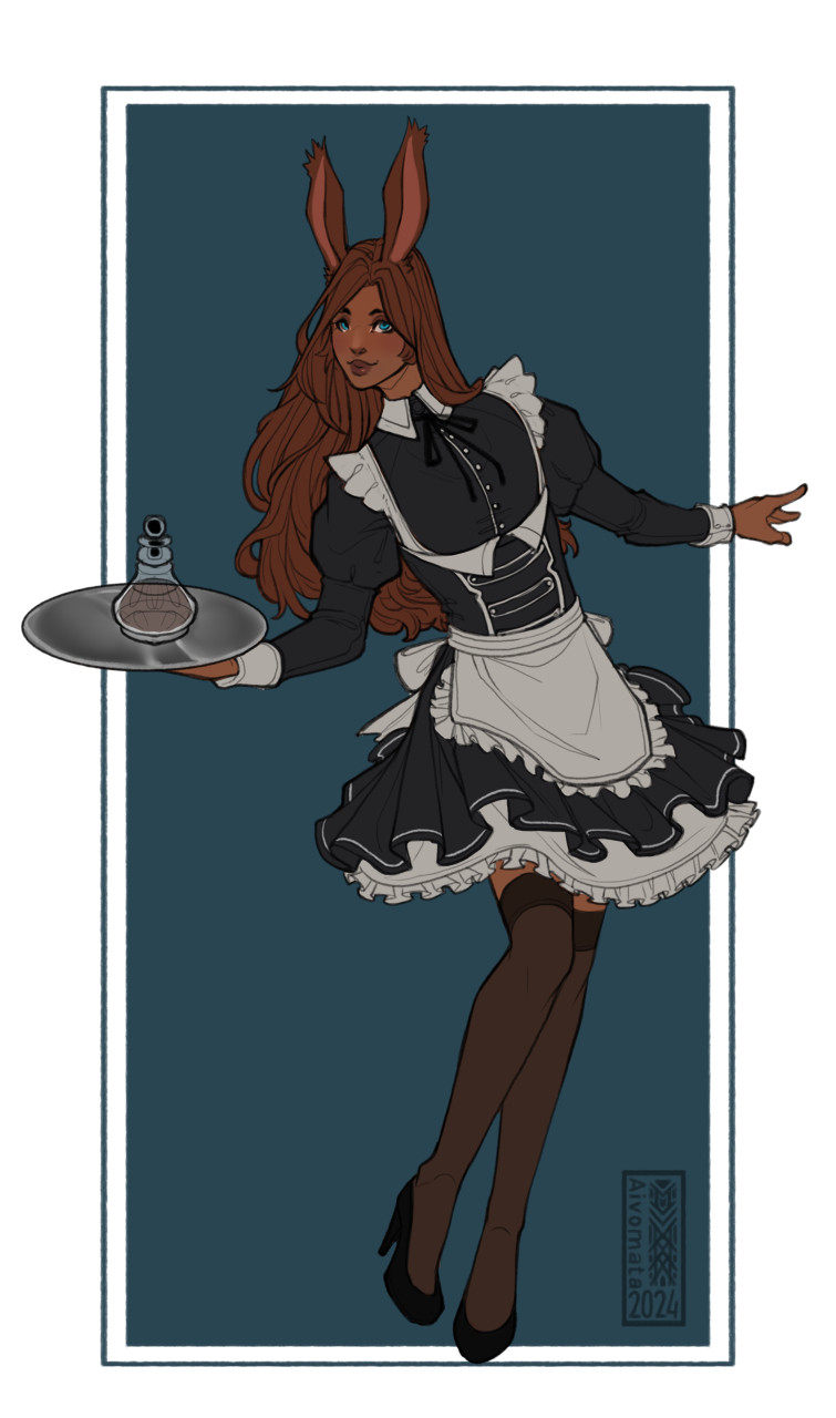 Rabbit eared man with long brown hair and brown skin holding an ornate liquor bottle on a tray. He's wearing a maid dress. 